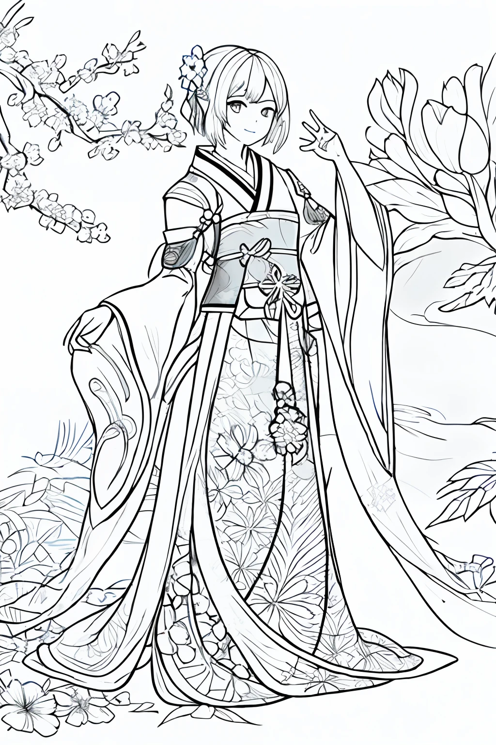 obra-prima, acura, 1girl, solo, hanfu, cabelo de arco, corpo inteiro, fundo de desenho de linha de flor, fundo branco, monocromatic, desenho de linha, ((sketchfab))