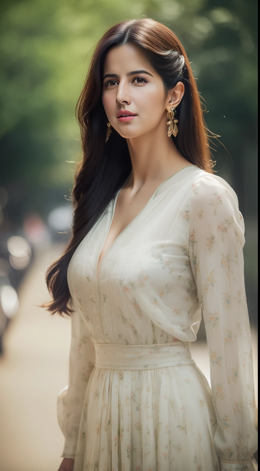 A beautiful woman ((Katrina kaif:1.2)) in intricate Bold and Bright Florals Outfit, sharp focus, Nikon Z 85mm, unparalleled masterpiece, ultra-realistic 8k photos, best quality, masterpiece, (photorealistic:1.2), (realistic:1.5), (hyperrealistic:1.2),(realistic human skin:1.6), (detailed clothes features), (High Quality: 1.2), Raw photo, (Perfect body shape), Uniform, Unobtrusive,