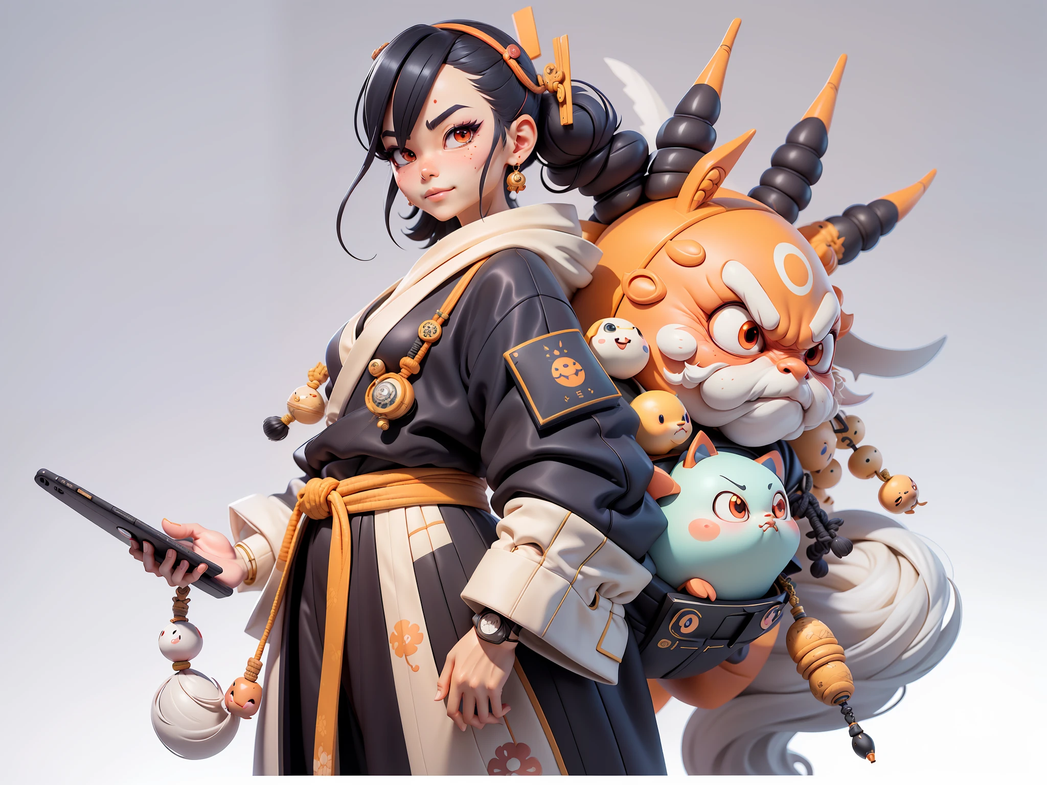 (Daisaku),(Need),(Super meticulous),(full bodyesbian:1.2),Japanese ukiyo-e girl,japanese geisha,Beautiful,Oriental dragon,Aeolian Thor,Raised sexy,爆乳,Oriental face,TV Anchor,Bust portrait illustration,Alone,In black suit,a blue tie,The face is slightly chubby,The face was clean,without a beard,Black super short hair,Black eyes,Smile confidently,3C computer sub-products,iPad, iphone,Digital painting,3D character design by Mark Clairen and Pixar and Hayao Miyazaki and Akira Toriyama,The illustration is a high-definition illustration in 4K resolution,With very detailed facial features and cartoon-style visuals。