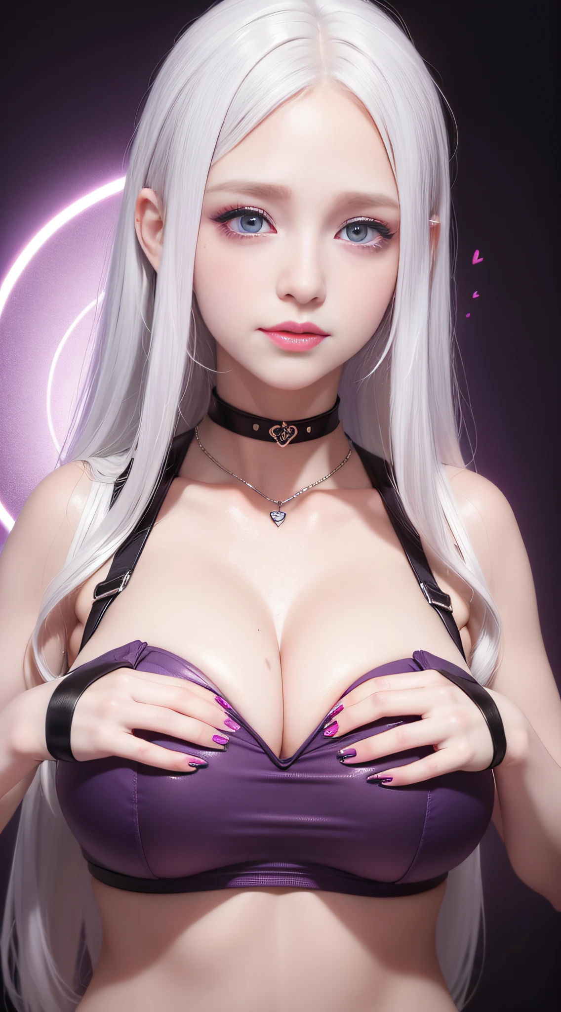 1girl,heart-shaped pupils,fingernails,hands on own face,white hair,purple eyes,(blush:1.1),choker,upper body,trembling,sweat,sweatdrop,heart,(speed lines:1.1),medium breasts, ((heavy breathing:1.3)), love, heart, crop top, happy, smile