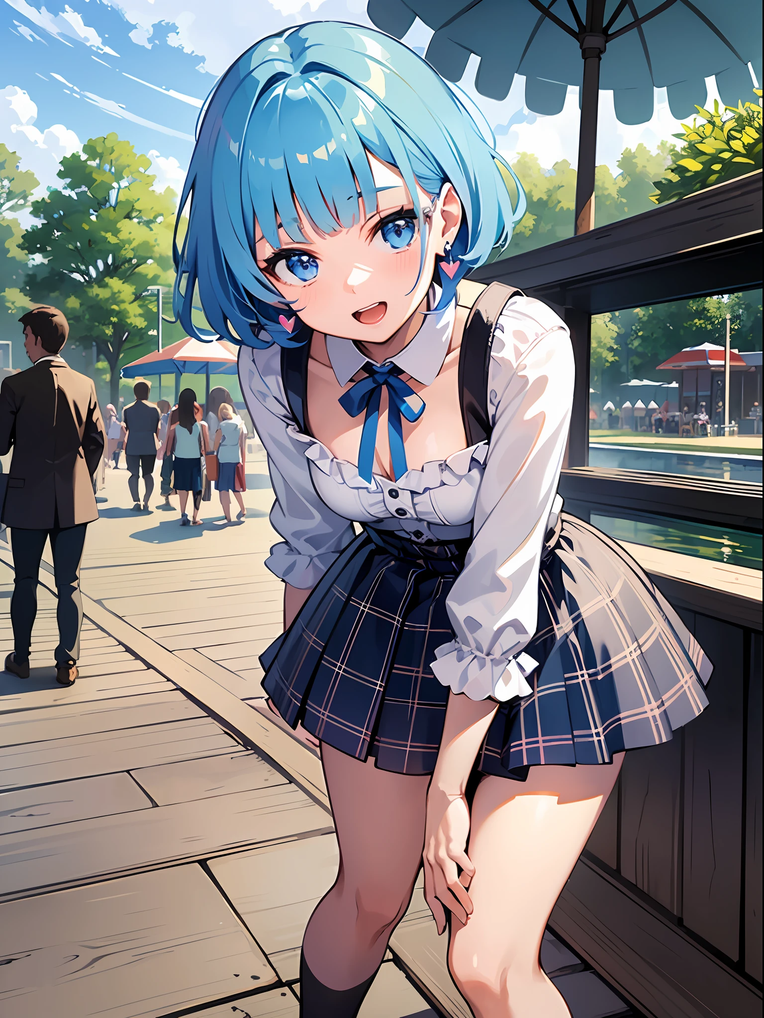(masterpiece:1.3), (best quality:1.3), high resolution, 


dutch angle, couboy shot, 
leaning forward, body facing forward, 

(one cute girl:1.3), solo, 
white skin, small Breast, eight-headed person, 
light blue hair, (bobbed hair:1.2), (short hair:1.1), (blunt bangs:1.2), beautiful hair, blue eyes, beautiful detailed eyes, 

open mouth, heart, cheerful smile, 

short dress, blue check skirt, frill, miniskirt, earrings, 

outdoors, amusement park, 

shadowlighting,