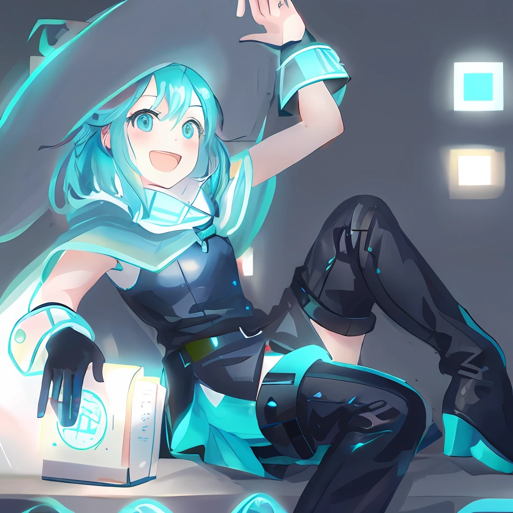 Anime girl sitting in a book，Wearing a white hat and blue JK, anime girl with long blue hair and a white shirt and black skirt, Hatsune Miku, Portrait of Hatsune Miku, Hatsune Miku short hair, vocaloid, hatsune miku portrait, Os amigos, mikudayo, Anime girl with teal hair, Hatsune Miku cosplay, hatsune miku face, style of anime4 K, An anime girl, attractive anime girls，Black boots