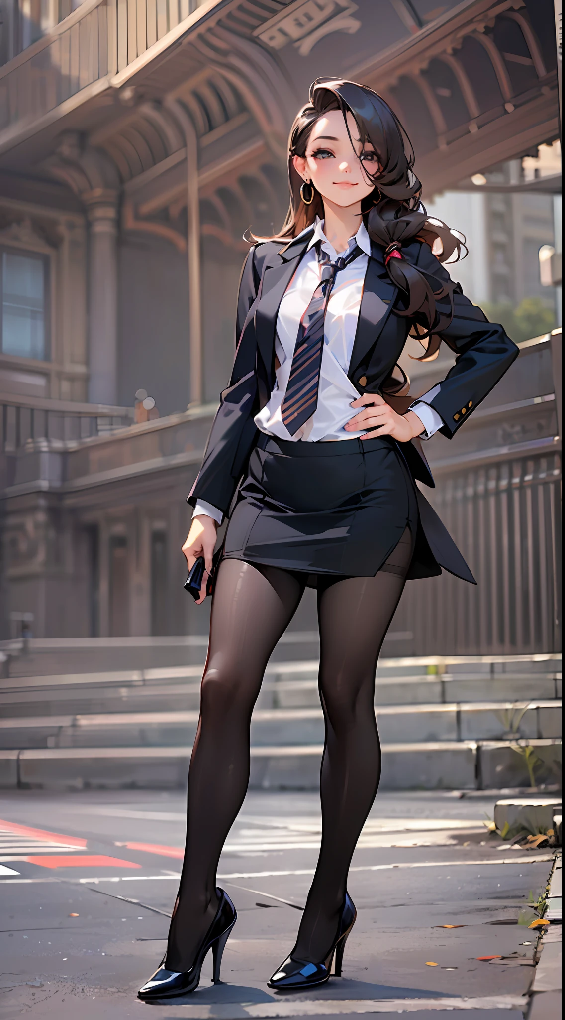 (8K, Best quality, Masterpiece:1.2),
(Realistic, photo-realistic:1.37),
Ultra-detailed,

1 girl, full bodyesbian, Outdoors, (Adjust hair:1.5)
Office Lady, black officeblazer, officeskirt, (Pantyhose black stockings:1.2), (short buttoneddownshirt:1.2), buttonedupcollarprim, buttoneddowncollarprim, Bra, (Pantyhose:1.2), alphalayers, high-heels, 

Beautiful earrings, 
Cute,
Solo,
Beautiful detailed sky,
(Smile:1.15),
(Closed mouth),
Small breasts,
Beautiful detailed eyes,
Business attire,
(Long hair:1.2),
Floating hair NovaFrogStyle,