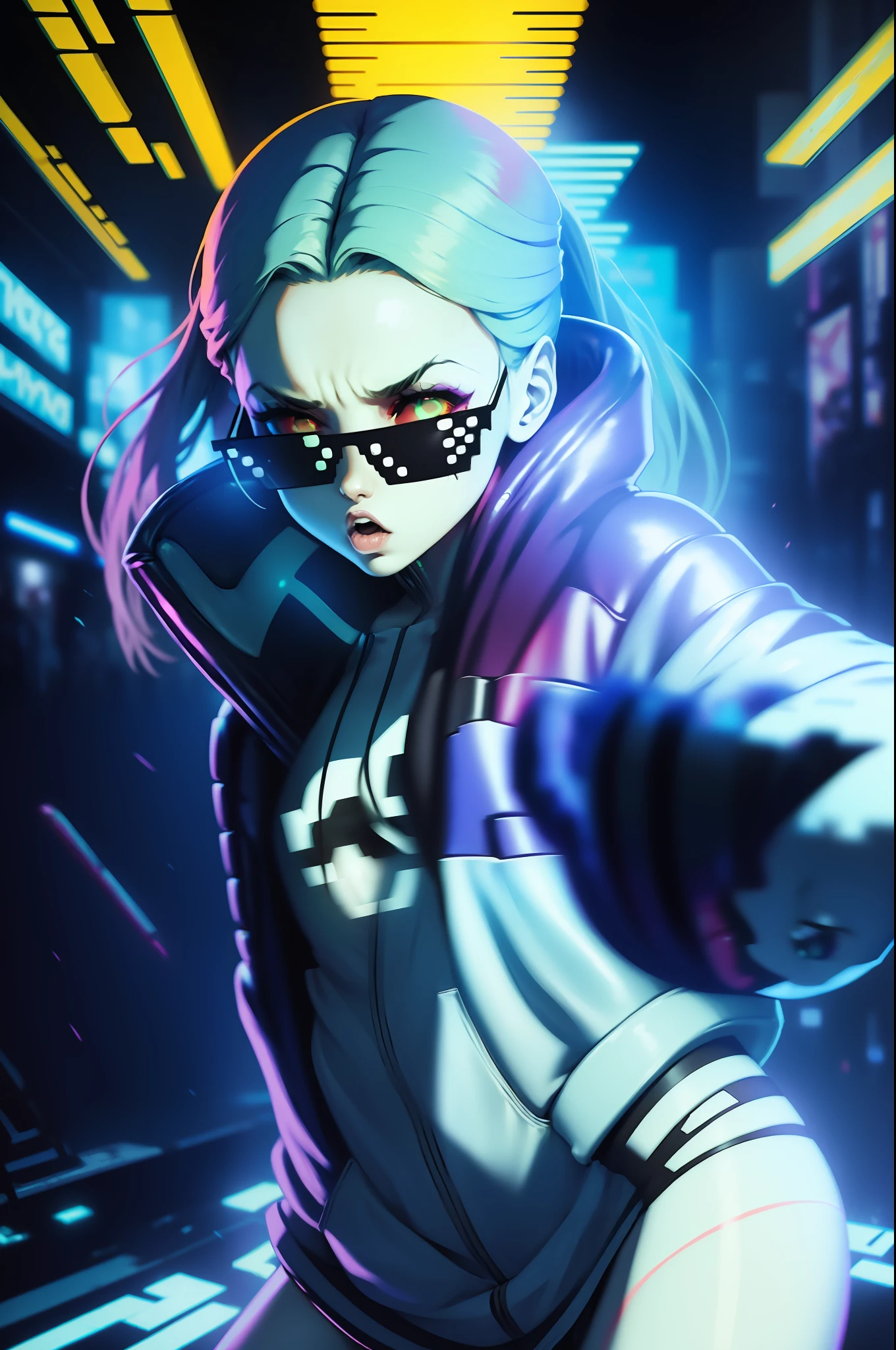 "A solo hip hop gangtsa shot featuring
1girl, rebecca \(cyberpunk\) showcasing her skill as a rapper.. badass on the mic spitting sick ass bars yo !" DealWithIt