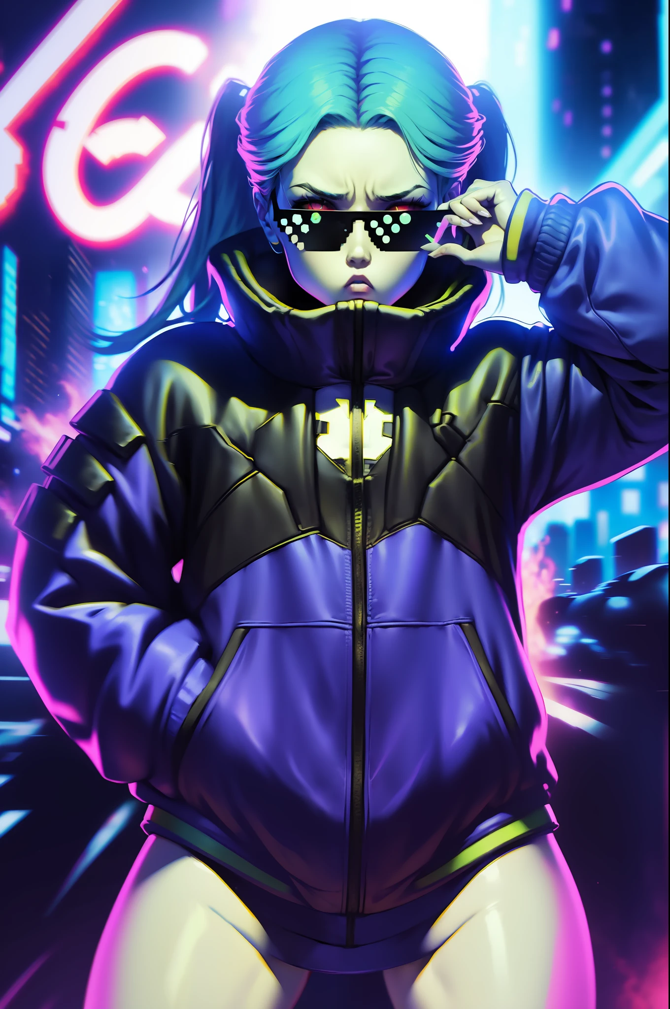 "A solo hip hop gangtsa shot featuring
1girl, rebecca \(cyberpunk\) showcasing her skill as a rapper.. badass on the mic spitting sick ass bars yo !" DealWithIt
