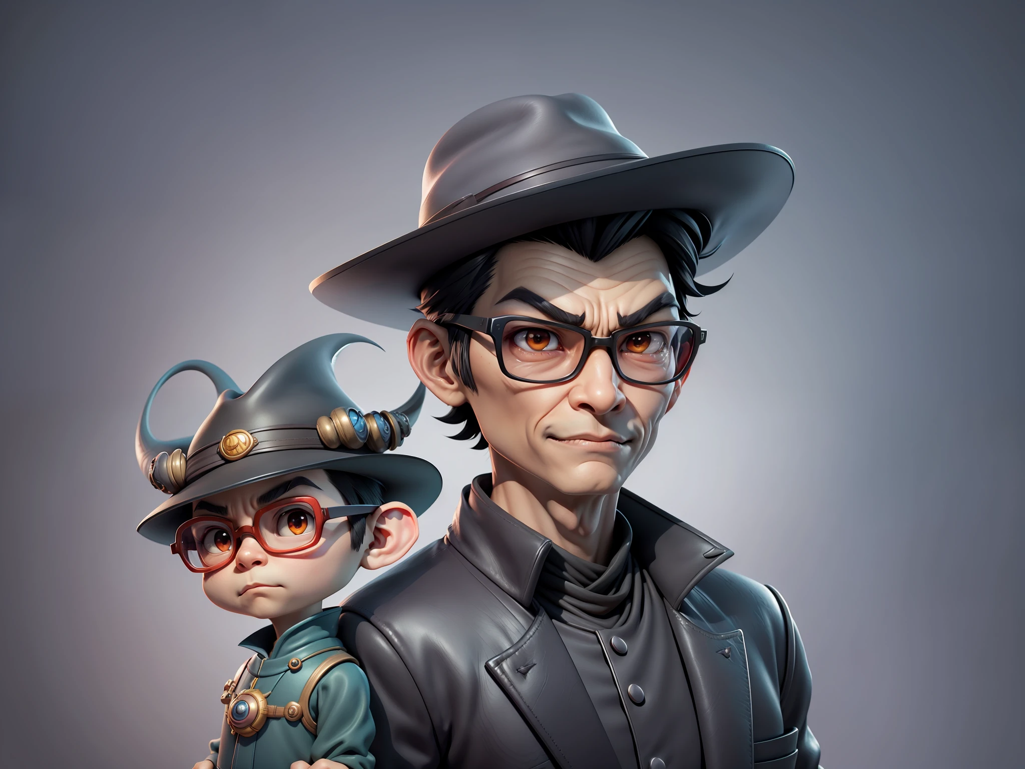 Young man with oriental face in leather hat, dragon, formal suit, short black hair, silver glasses, digital painting, 3D character design by Mark Clairedon and Pixar and Hayao Miyazaki and Akira Toriyama, the illustration is a high-definition illustration in 4K resolution with very detailed facial features and cartoon-style visuals.
