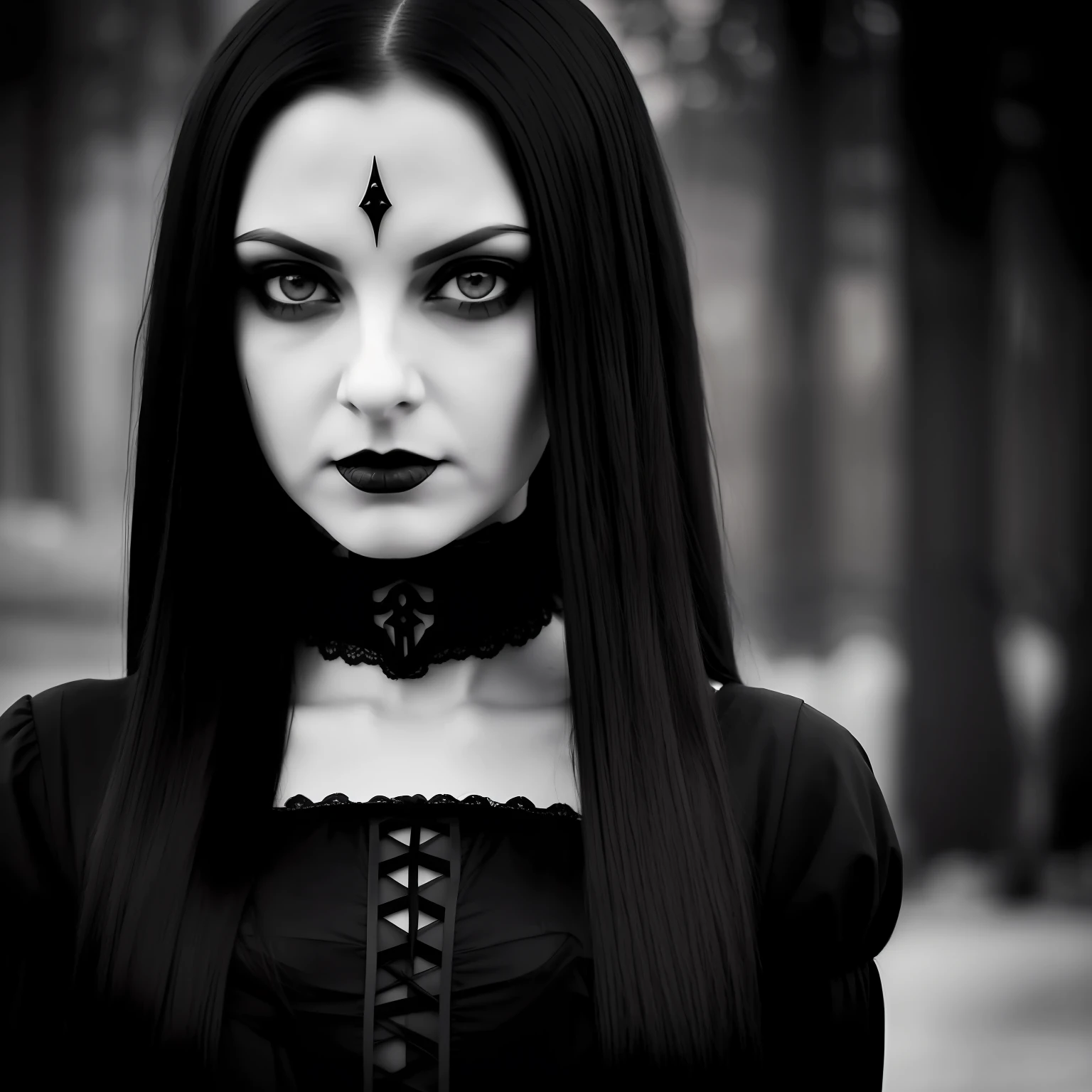 arafed black and white photograph of a woman with long hair, with haunted eyes and dark hair, gothic horror vibes, gothic girl face, pale skin and dark eyes, gothic girl, goth girl aesthetic, wednesday addams, black and white image, creepy gothic portrait, gothic face, with black eyes, & her expression is solemn, ominous gothic aesthetic