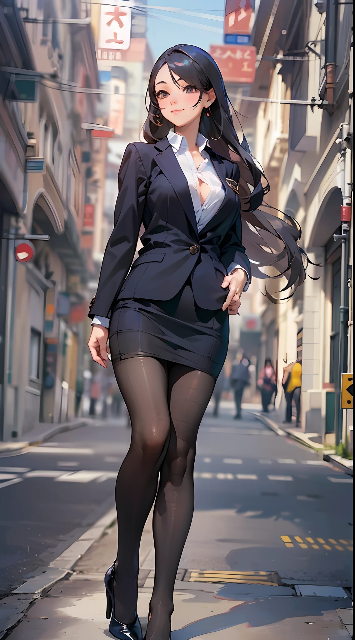 (8K, Best quality, Masterpiece:1.2),
(Realistic, photo-realistic:1.37),
Ultra-detailed,
1 girl, full bodyesbian, Outdoors, (Adjust hair:1.5)
Office Lady, black officeblazer, officeskirt, (Pantyhose black stockings:1.2), (short buttoneddownshirt:1.2), buttonedupcollarprim, buttoneddowncollarprim, Bra, (Pantyhose:1.2), alphalayers, high-heels,
Beautiful earrings,
Cute,
Solo,
Beautiful detailed sky,
(Smile:1.15),
(Closed mouth),
Small breasts,
Beautiful detailed eyes,
Business attire,
(Long hair:1.2),
Floating hair NovaFrogStyle,