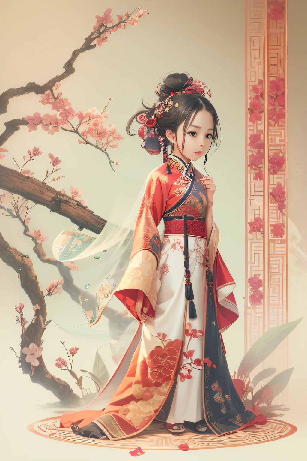 (China - chic Chinese girl,anatomy correct,Oriental elements),(China - Fashion illustration:1.5,Vector painting:1.5),(Chinese colors,senior color matching,gradient backgrounds,white backgrounid),(The is very detailed,reasonable design,Clear lines,High- sharpness,best qualtiy,tmasterpiece,offcial art,movie light effect,4K)