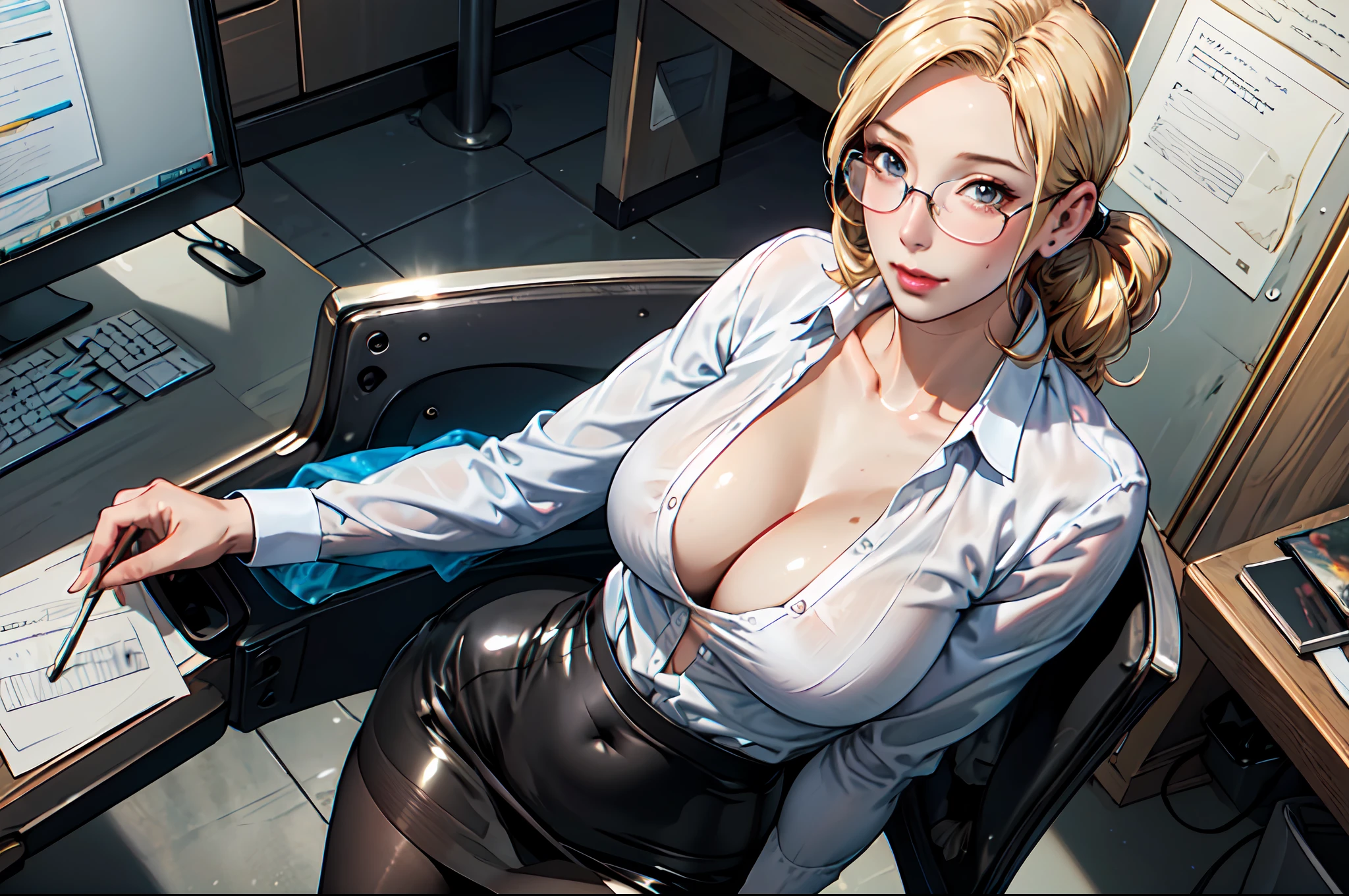 (high resolution,masterpiece,best quality,  official art:1.5),  realistic, photo,  amazing fine details,  all intricate, gloss and shiny,awesome many layers, 8k wall paper,  3d, sketch, illustration, (cleavage), female business-person, glasses, slight smile, 40 years old, blonde hair, large breast, toned female, standing, Seducing Pose, at office, business suit, pantyhose, 30 denier, tight mini straight skirt,  extremely shiny fabric, clothes reflecting light, extremely shiny clothes, extremely wrinkled fabric,