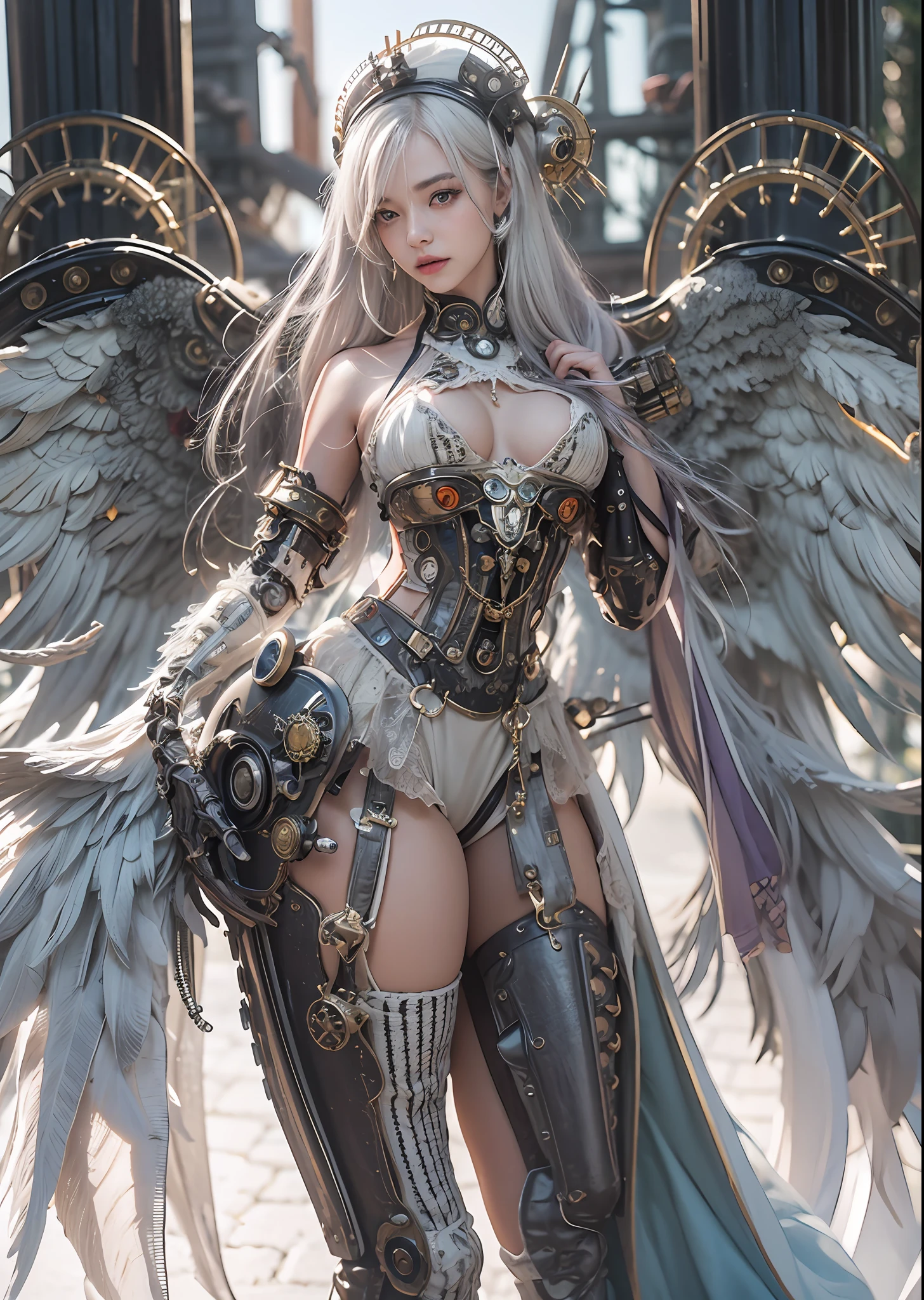 top-quality、​masterpiece、超A high resolution、(Photorealsitic:1.4)、Raw photo、Steampunk Cyborg Angel、large wings made of metal、White porcelain body、white  hair、glowy skin、1 steampunk girl、((super realistic details))、portlate、globalillumination、Shadow、octan render、8K、ultrasharp、character edge light、Colossal tits、Raw skin is exposed in cleavage、Details of complex ornaments、Details of the steam engine、Hydraulic cylinder、Small LED lamp、highly intricate detail、Realistic light、a purple eye、radiant eyes、Facing the camera、neon details、cowboy  shot、Futuristic headgear、The background is a steampunk city、、