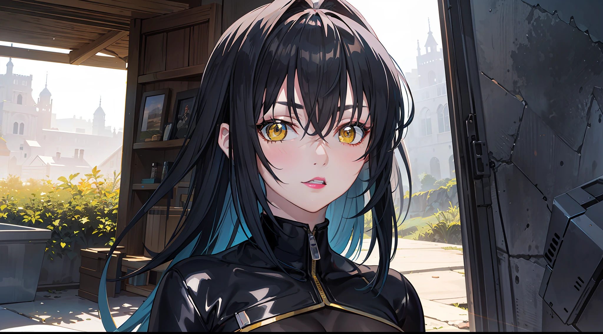 professional artwork, Intricate Details, field of view, sharp focus, detailed painting, photorealistic lighting, trending on pixiv, Standing at attention, black outfit ,yellow collared shirt,black and red bodysuit,skin_tight,black legwear, black pantyhose, Side_boob, black hair,very long hair, Bangs,yellow eyes,makeup, lipstick, 20yo,mature female,Beautiful Finger,Beautiful long legs,Beautiful body,Beautiful Nose,Beautiful character design, perfect eyes, perfect face, looking at viewer,official art,extremely detailed CG unreal engine 8k wallpaper, perfect lighting,Colorful, Bright_Front_face_Lighting, (masterpiece:1.0),(best_quality:1.0), ultra high res,4K,ultra-detailed, photography, 8K, HDR, highres, absurdres:1.2, Kodak portra 400, film grain, blurry background, (Beautiful,large_Breasts:1.4), (beautiful_face:1.5),(narrow_waist), (solo:1.4), ((landscape dimension)), rich detailed makeup, rich detailed eyeshadow, rich detailed lips, rich detailed lipstick, eyes lens, beautiful eyes lens, ultra detailed eyes