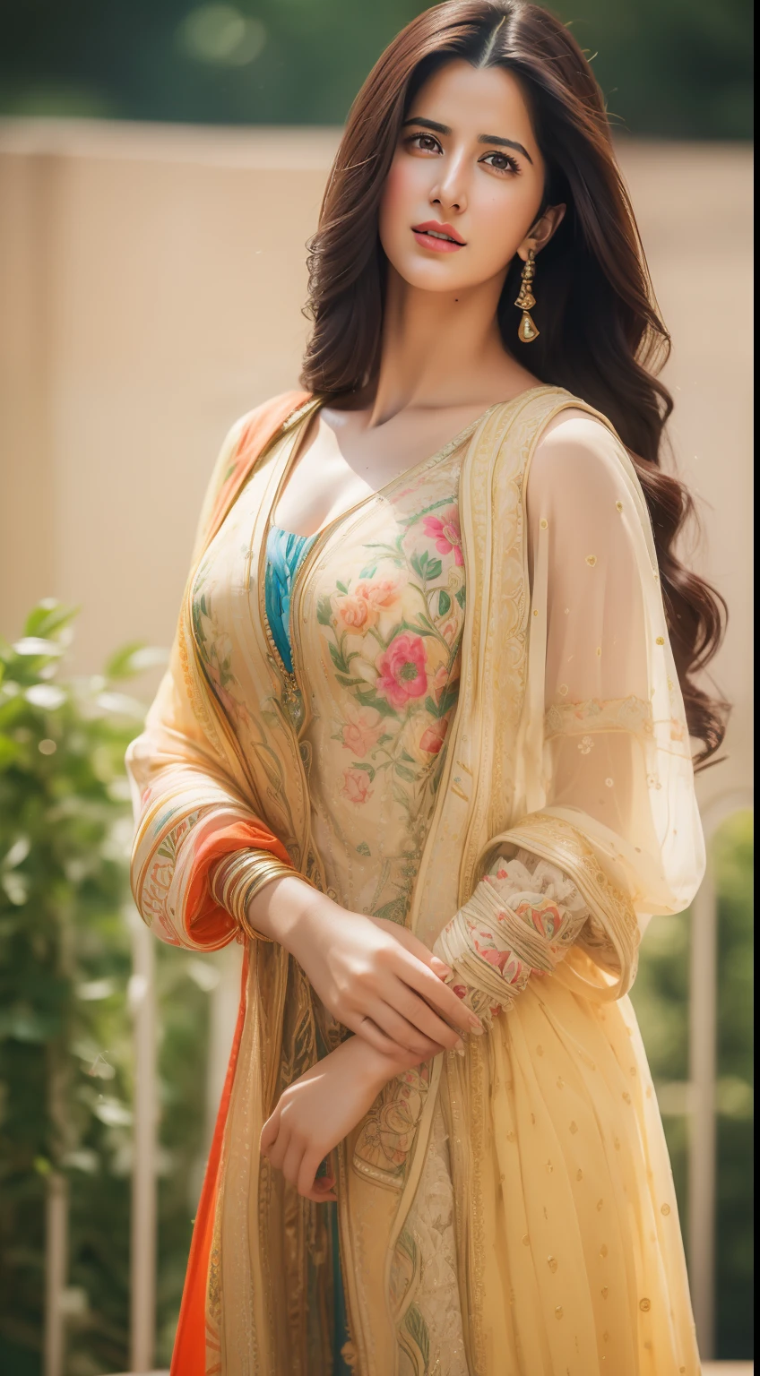 A beautiful woman ((Katrina kaif:1.2)) in intricate Bold and Bright Florals Outfit, sharp focus, Nikon Z 85mm, unparalleled masterpiece, ultra-realistic 8k photos, best quality, masterpiece, (photorealistic:1.2), (realistic:1.5), (hyperrealistic:1.2),(realistic human skin:1.6), (detailed clothes features)