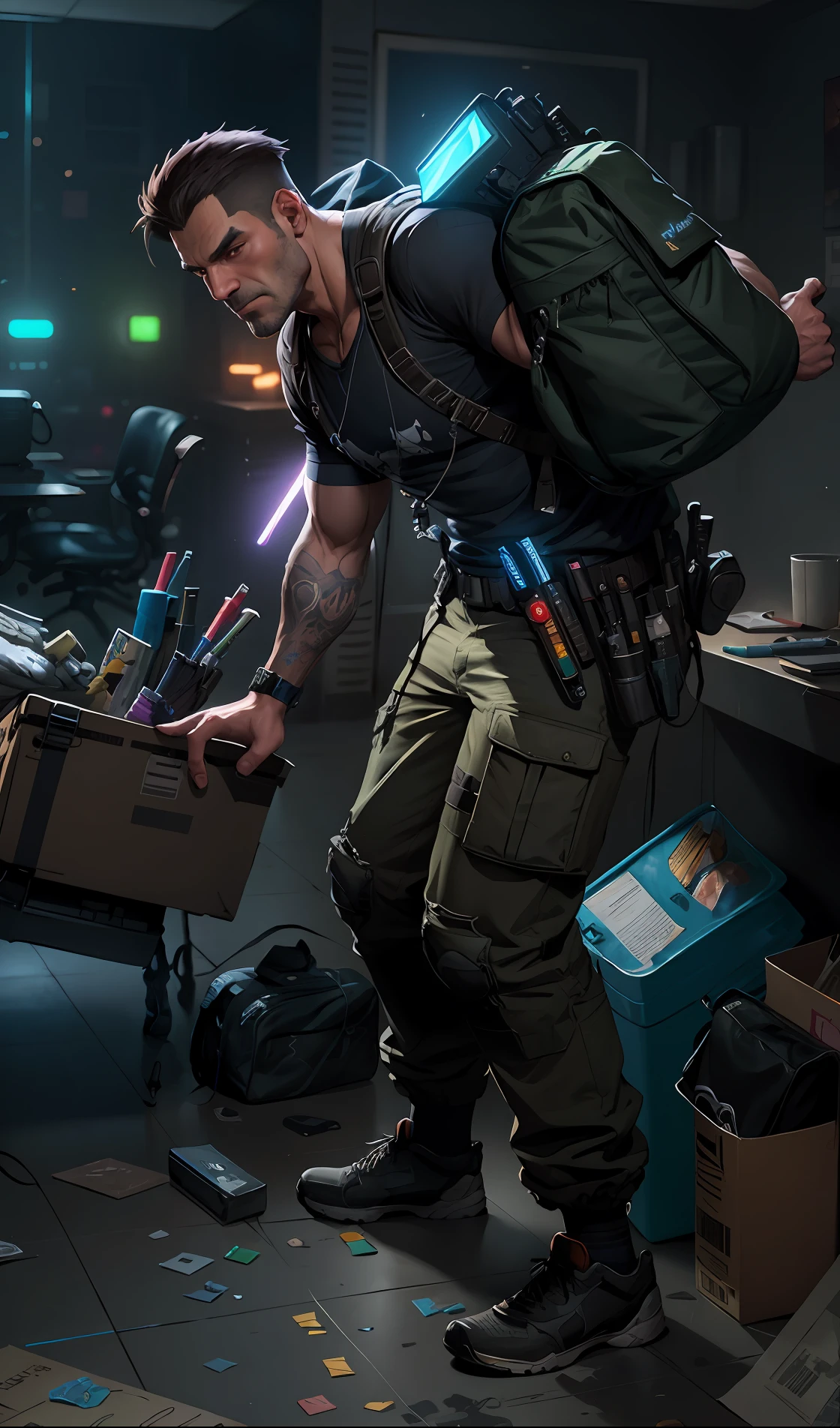 There was a man in the room carrying a backpack and a box。, detailed game art illustration, concept art like ernest khalimov, wojtek fus, ultra detailed game art, character art the contra, Detailed game art, background artwork, 2D game art GTA5 cover, inspired by Patrick Brown, expert high detail concept art, shadowrun splash art