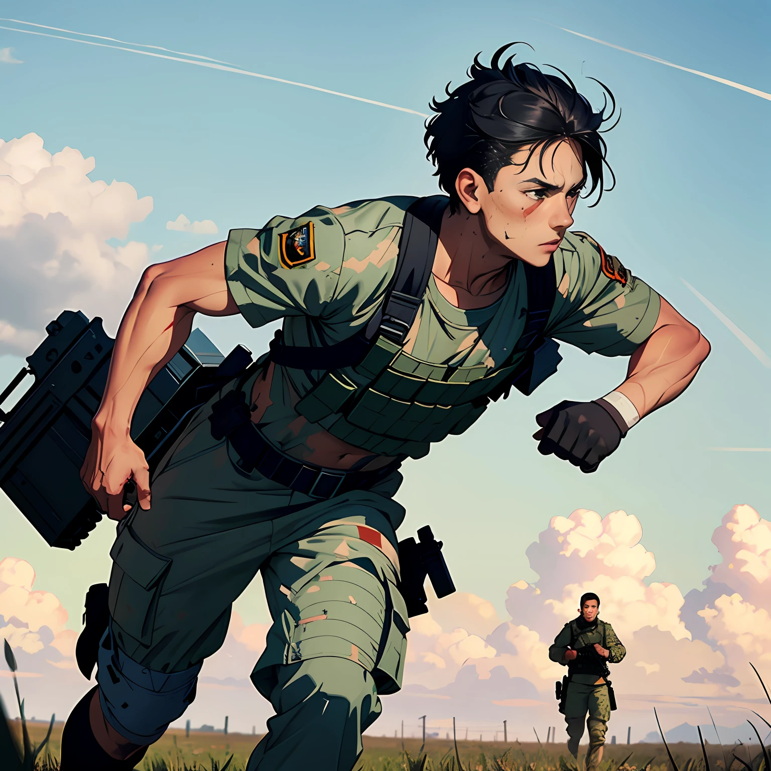 Heavily armed soldiers stand in an open field,Strong physique,Rough face,Short black hair,Run,There are traumas of various sizes on the body,A bloody bandage wrapped around his arm