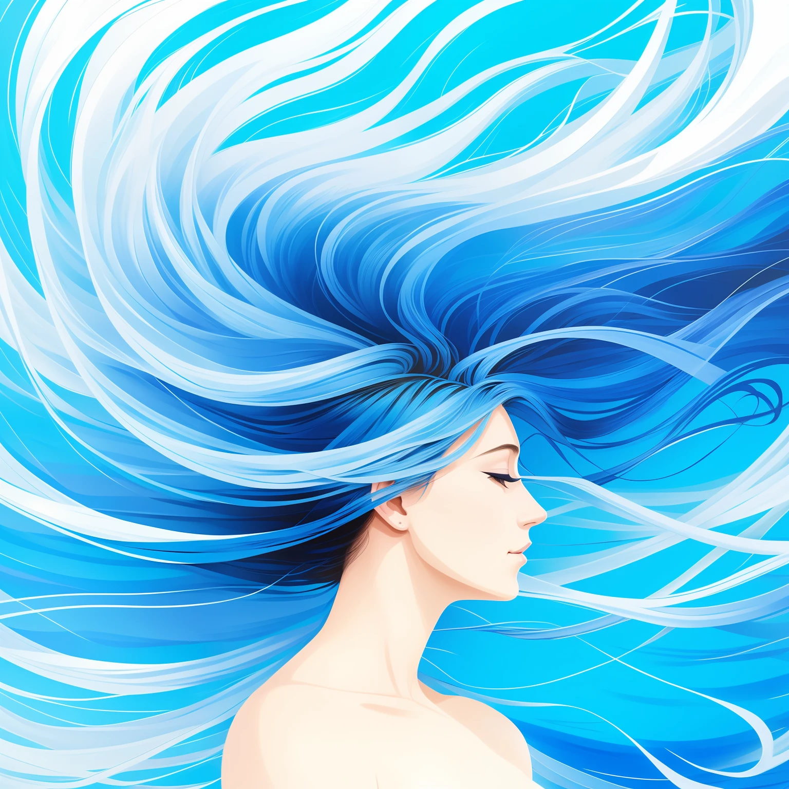 painting of a woman with long hair in profile with a blue background, with a blue background, white hair floating in air, sketch of a lucid dream, wind blowing and hair flowing, side profile artwork, inspired by Arthur B. Carles, by Sun Junze, windswept, wind - swept, inspired by amano, cover art