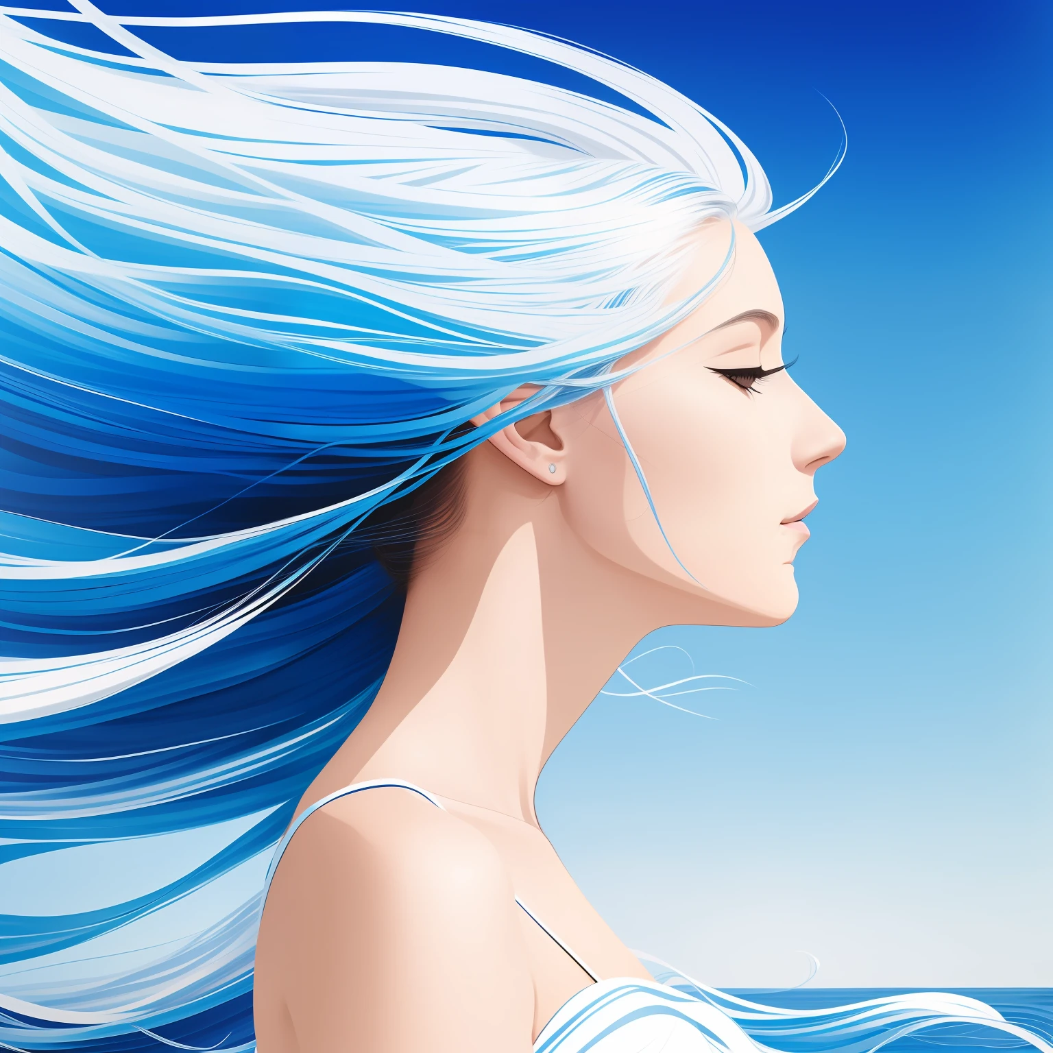 painting of a woman with long hair in profile with a blue background, with a blue background, white hair floating in air, sketch of a lucid dream, wind blowing and hair flowing, side profile artwork, inspired by Arthur B. Carles, by Sun Junze, windswept, wind - swept, inspired by amano, cover art