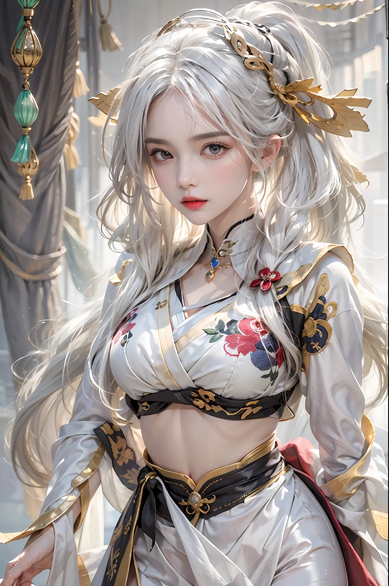 photorealistic, high resolution, 1women, solo, hips up, look at viewer, (detailed face), narrow waist, closed lips, white hair, long hair, ganyu costume, genshin impact, jewelry