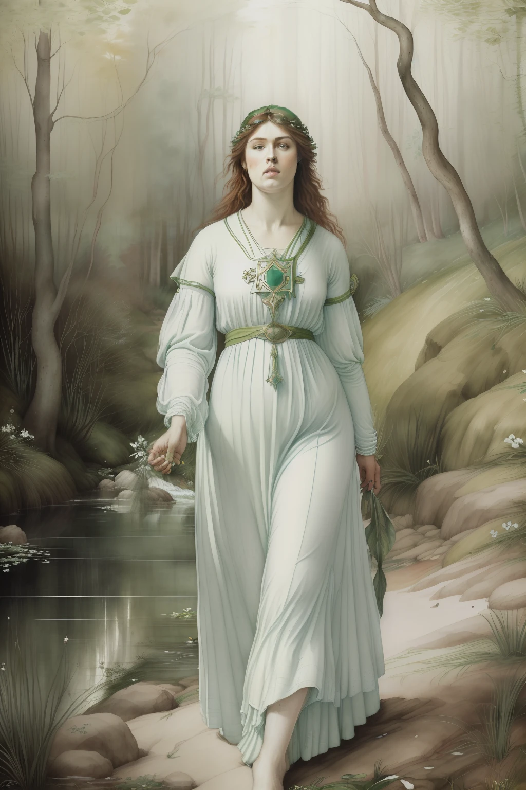 fonte de cura, floresta encantada, juncos. ervas de cura. (((Pre-Raphaelite painting de um druida celta de branco colhendo ervas na beira de uma fonte de cura, medic, ervas de cura, white and green tunic, curandeiro)))