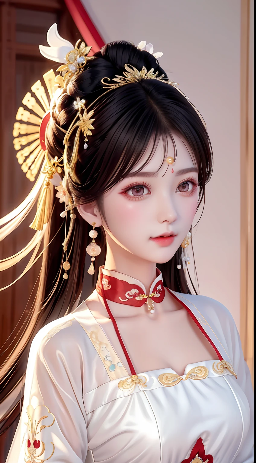 Best quality at best， tmasterpiece， beautiful  face， 1girll， Long_Hair， 独奏， The upper part of the body_Body， Porcelain dress，shift dresses，hair adornments， choker necklace， jewely， long whitr hair， 耳Nipple Ring， Chinese clothing with high details,8K分辨率,超高分辨率,A young girl, A cute girl，short detailed hair，hair-bun，lipsticks，Tassel earrings，choker necklace，Black clear eyes，Smooth hair,鎖骨,Exquisite and perfect facial features, the most beautiful big eyes,Long eyelashes,The eyes are sweet and there are lying silkworms，dynamic angle,Extreme picture quality,Highest precision,Precise and perfect human anatomy，(((White Republic of China cheongsam，Red embroidery)))，((sitted))，Warm scene，超高分辨率，Ultra-clear vintage black flowing hair，Delicate bun）By bangs，（Long flowing hair，With a bun:1.3）），Delicate collarbones，beautiful make up，Exquisite and perfect facial features，，Big watery eyes，Lying silkworm，Long eyelashes，The eyes are sweet and have eye shadow，Slim waist，Do not show your hands，，lipsticks，Blushlush，Delicate earring earrings，pearls necklace