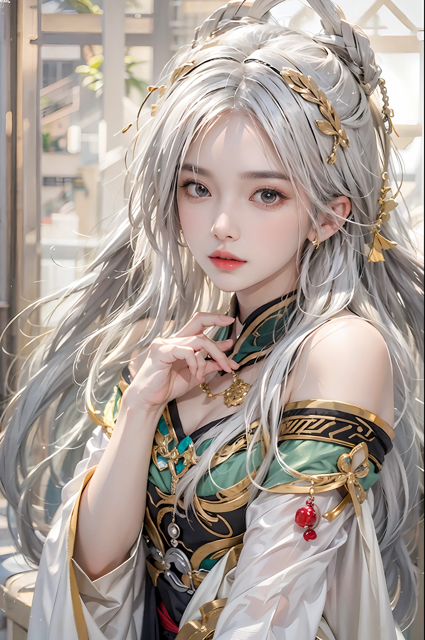 photorealistic, high resolution, 1women, solo, hips up, look at viewer, (detailed face), narrow waist, closed lips, white hair, long hair, ganyu costume, genshin impact, jewelry