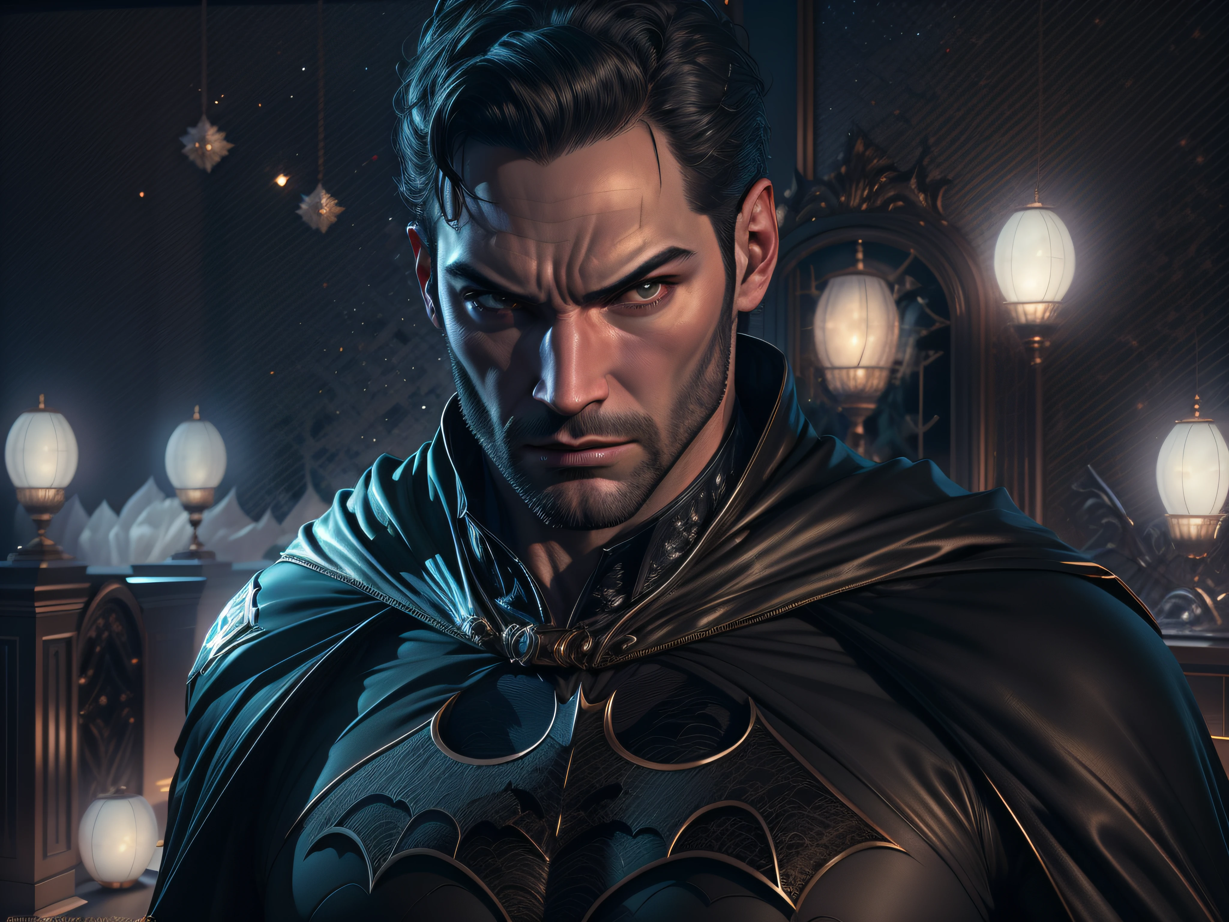 Closeup on a menacing and powerful Tom Ellis dressed as Batman in an imposing appearance, menacing stare, ricamente detalhado, Hiper realista, 3D-rendering, obra-prima, NVIDIA, RTX, ray-traced, Bokeh, Night sky with a huge and beautiful full moon, estrelas brilhando,