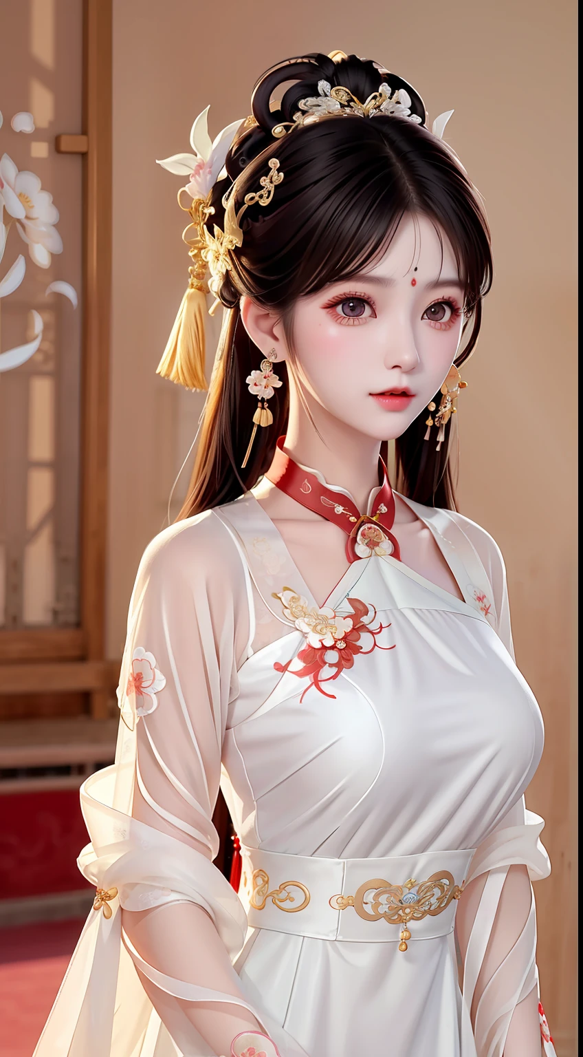 Best quality at best， tmasterpiece， beautiful  face， 1girll， Long_Hair， 独奏， The upper part of the body_Body， Porcelain dress，shift dresses，hair adornments， choker necklace， jewely， long whitr hair， 耳Nipple Ring， Chinese clothing with high details,8K分辨率,超高分辨率,A young girl, A cute girl，short detailed hair，hair-bun，lipsticks，Tassel earrings，choker necklace，Black clear eyes，Smooth hair,鎖骨,Exquisite and perfect facial features, the most beautiful big eyes,Long eyelashes,The eyes are sweet and there are lying silkworms，dynamic angle,Extreme picture quality,Highest precision,Precise and perfect human anatomy，(((White Republic of China cheongsam，Red embroidery)))，((sitted))，Warm scene，超高分辨率，Ultra-clear vintage black flowing hair，Delicate bun）By bangs，（Long flowing hair，With a bun:1.3）），Delicate collarbones，beautiful make up，Exquisite and perfect facial features，，Big watery eyes，Lying silkworm，Long eyelashes，The eyes are sweet and have eye shadow，Slim waist，Do not show your hands，，lipsticks，Blushlush，Delicate earring earrings，pearls necklace