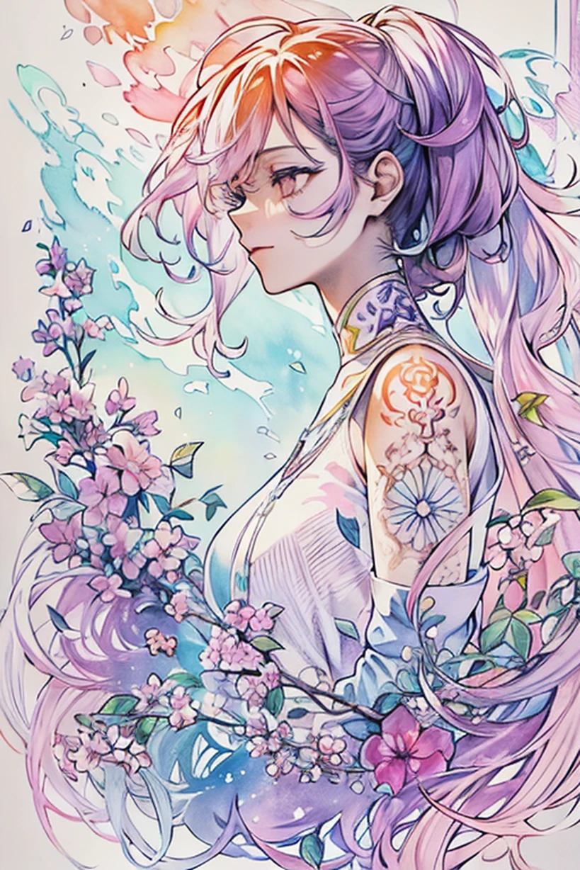 (highres, best quality:1.2), radiance, soft contours, beautiful drawing, concept art, detailed background, bright colors,
1girl, (8k, best quality, masterpiece:1.2),(best quality:1.0), (ultra highres:1.0), watercolor, 1girl, tattoos, ombre hair, (full-body-shot:1), lilac bush, (lilac turquoise orange color scheme), by agnes cecile, half body portrait, extremely luminous bright design, pastel colors, (ink:1.3), traditional media, watercolor \(medium), watercolor background, lineart,