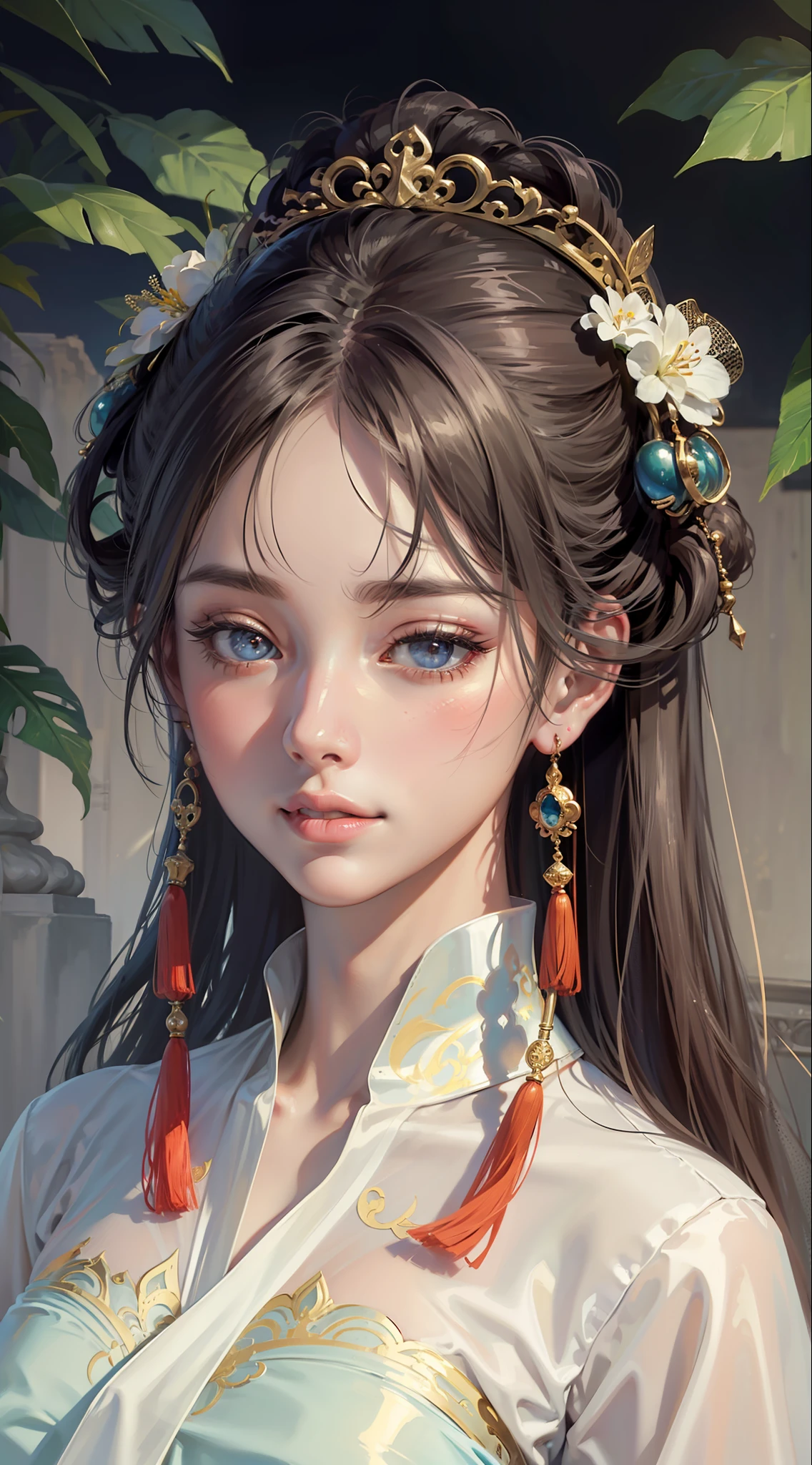 Dunhuang style, 1girle, (realistic, photorealistic :1.3), (((dance))), extremely delicate beautiful girl, supple fair skin, delicate facial features, perfect face, light makeup, peach blossom eye makeup, sexy collarbone, portrayed hand details, delicate hands, delicate eyelashes, delicate eyes, bare shoulders, stunning beauty, extreme details, realistic details, best quality, highly detailed, masterpiece, shoulder, navel, flying pipa girl, The background is a Dunhuang mural, dance moves, one hand raised above the head, One hand stretched forward, Buddhist pose, gray hair, long hair, complex hair accessories, Chinese hairpins, fluttering ribbons, dynamic perspective, hair bubbles, flowers on the head, gradient eyes, smile, surrealism, high detail, romanticism, cinematic lighting, glitter, reflected light, UHD, retina, masterpiece, super detail, textured skin, anatomically correct, high detail, best quality, high resolution, high quality, award-winning, 8K