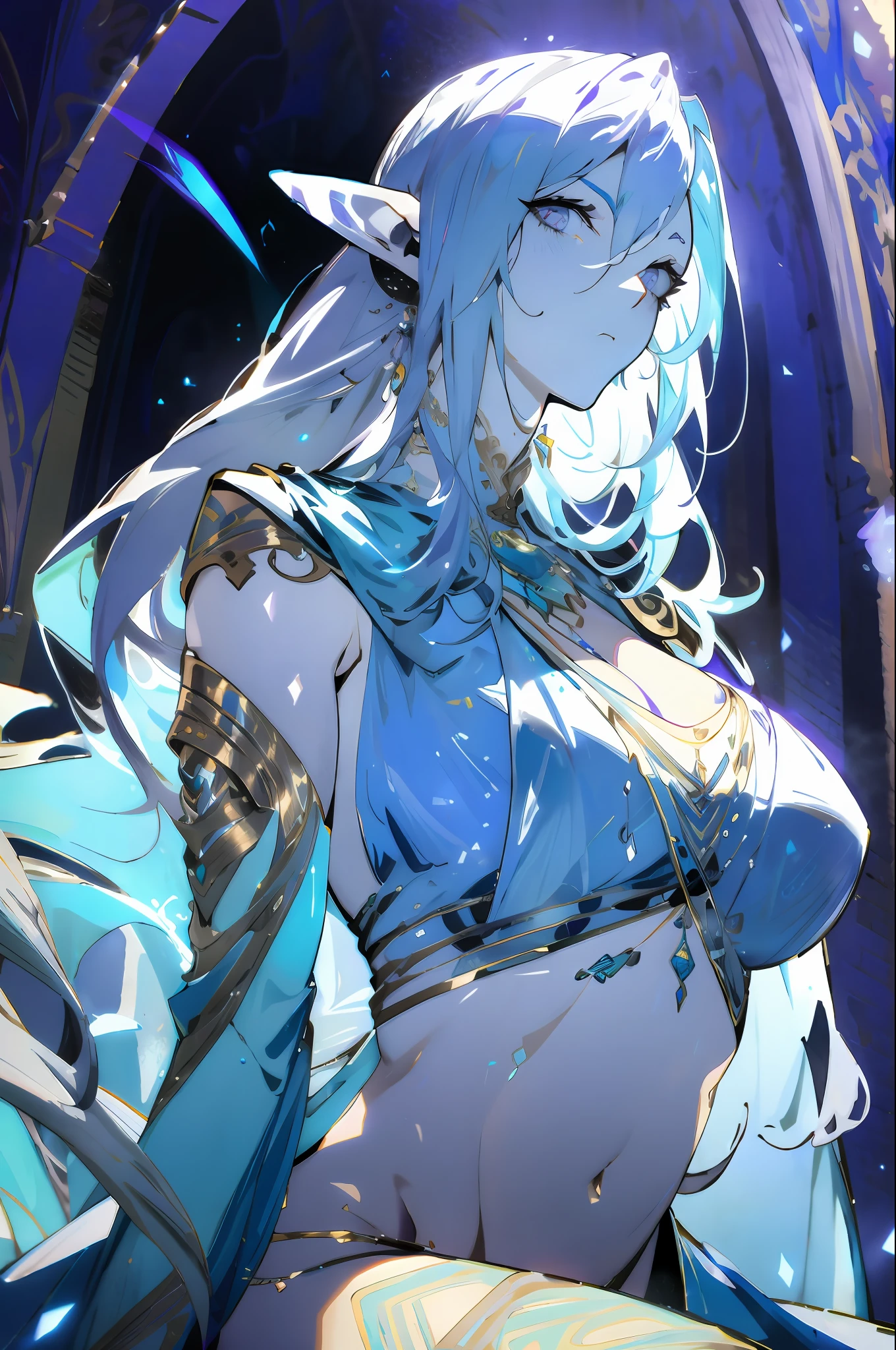 A tall and beautiful elven woman, plump body, big breasts, light blue glowing eyes, cold expression, proud posture, straight chest, lilac skin, purple facial tattoos, silver tied hair, exposed chest, exposed shoulders, exposed belly button, exposed thighs, looked up at the camera, left sweat beads on her body, wet body, in a medieval inn.