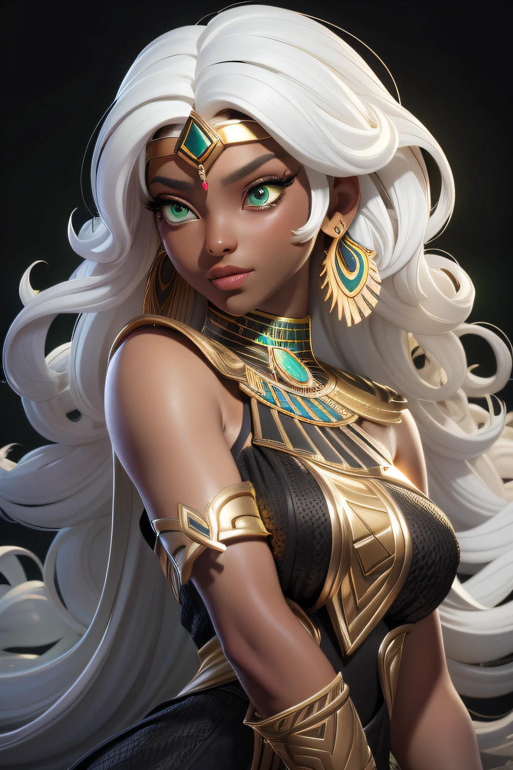 masterpiece, best quality, 1 girl, lime green eyes, dark skin, white hair, long hair, gold earrings, egyptian, jewelry, black dress, simple background, solo, upper body, curly hair
