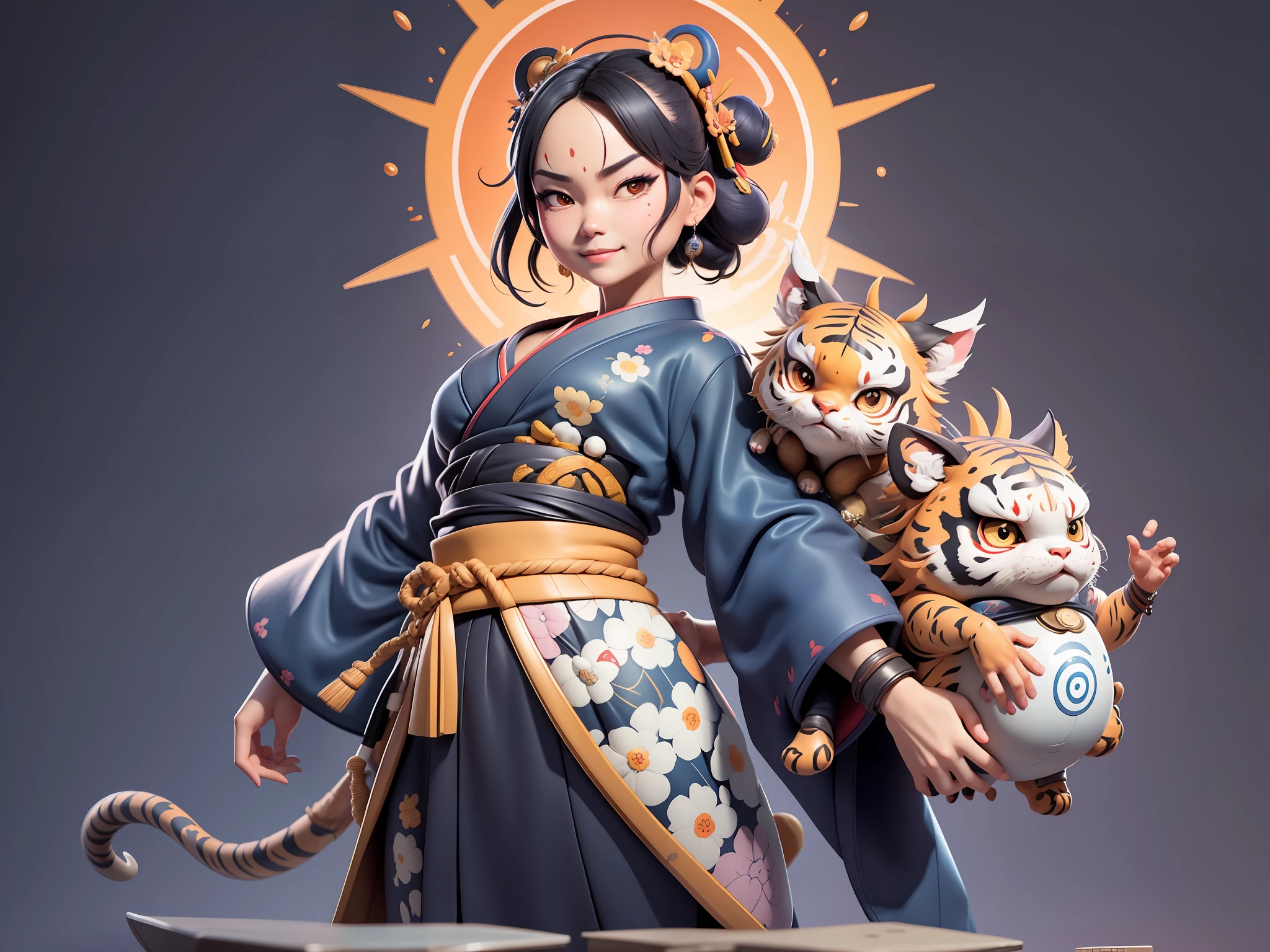 (Daisaku),(Need),(Super meticulous),(full bodyesbian:1.2),Japanese ukiyo-e girl,japanese geisha,Beautiful,Oriental dragon,one tiger,Aeolian Thor,Raised sexy,爆乳,Oriental face,TV Anchor,Bust portrait illustration,Alone,In black suit,a blue tie,The face is slightly chubby,The face was clean,without a beard,Black super short hair,Black eyes,Smile confidently,3C computer sub-products,iPad, iphone,Digital painting,3D character design by Mark Clairen and Pixar and Hayao Miyazaki and Akira Toriyama,The illustration is a high-definition illustration in 4K resolution,With very detailed facial features and cartoon-style visuals。