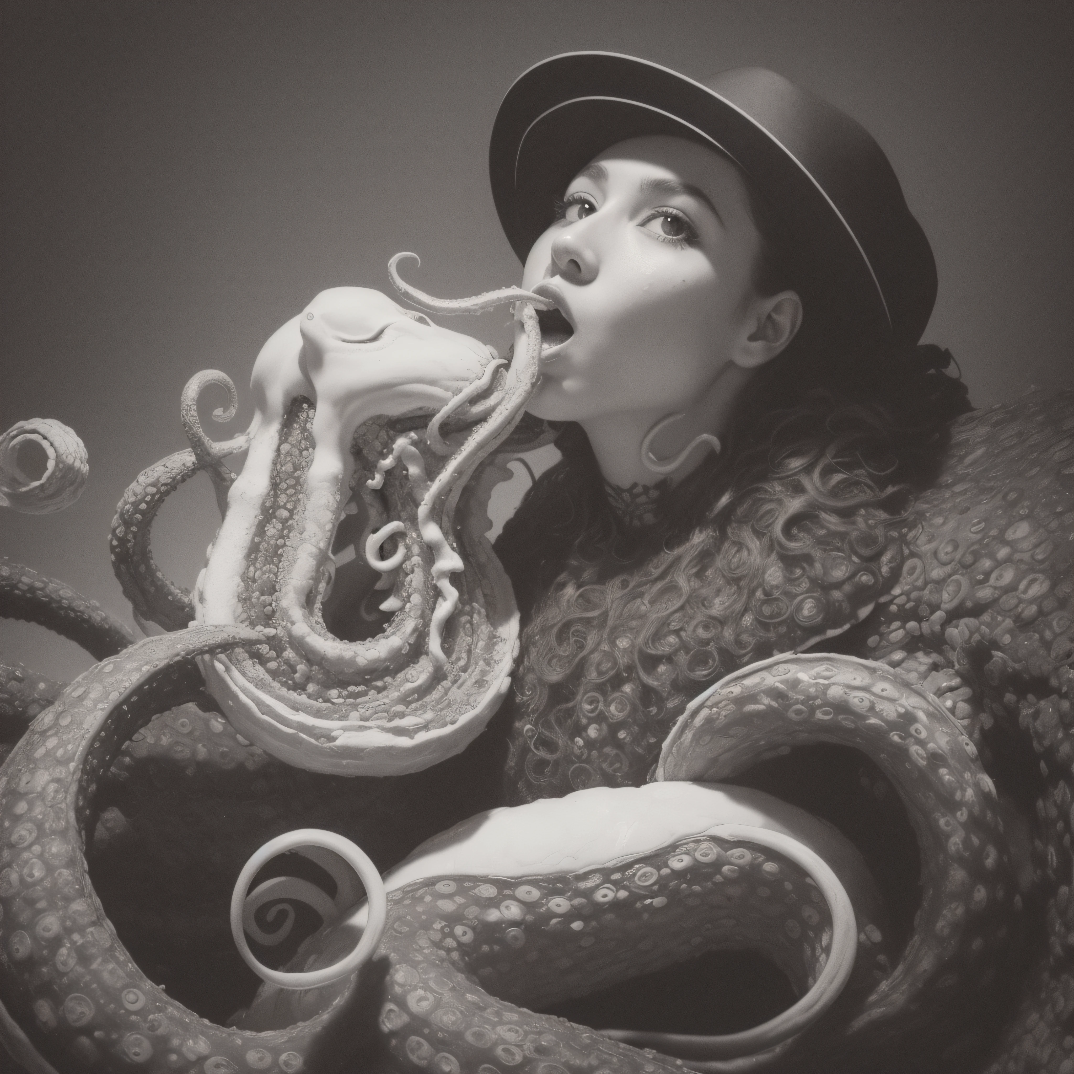 (extremadamente detallado, obra maestra, La mejor calidad), Estilo oscuro, intense illumination, rostro con arrugas, lengua larga, tentacle, deforme, monstruoso, interior de una piscina de agua verdosa, imagen submarina, alien con Colmillos finos, pico de pulpo amenazante. manchas de tinta. Rococo composition. Luz de caravaggio