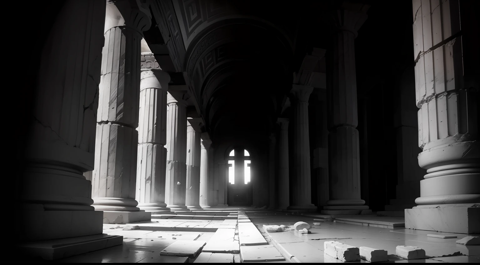 Greek temple, view from inside a Greek temple, Greek temple interior, Ruins, broken floor, Poetry, ultra detailed, soft, black and white, destroyed, dark, during the night, black, without light, dark, nigth