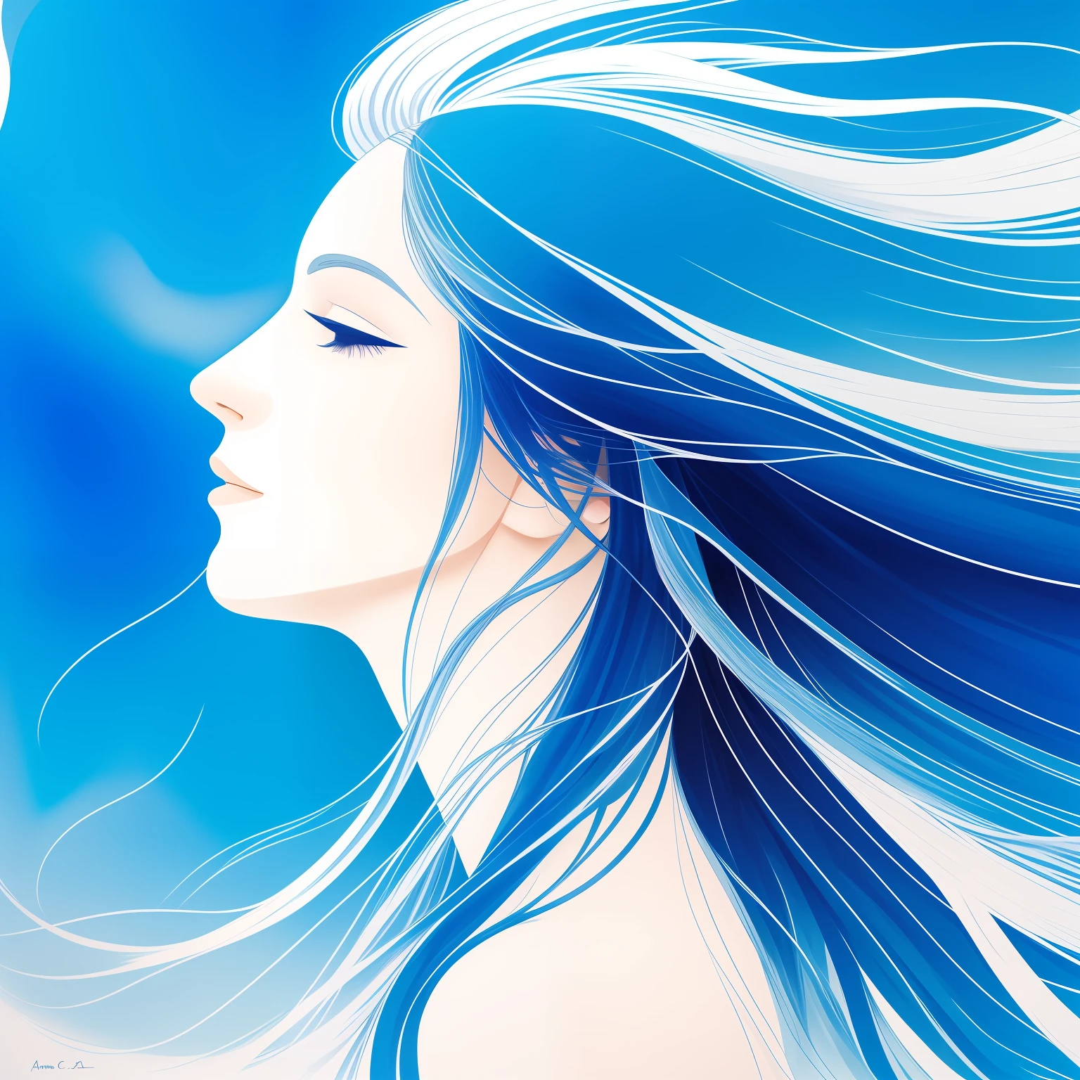 a woman with long hair in profile with a blue background, with a blue background, white hair floating in air, sketch of a lucid dream, wind blowing and hair flowing, side profile artwork, inspired by Arthur B. Carles, by Sun Junze, windswept, wind - swept, inspired by amano, cover art