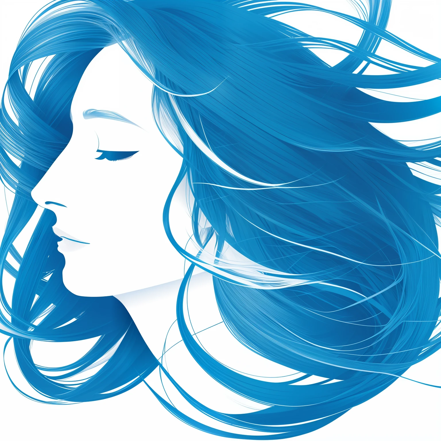 a woman with long hair in profile with a blue background, with a blue background, white hair floating in air, sketch of a lucid dream, wind blowing and hair flowing, side profile artwork, inspired by Arthur B. Carles, by Sun Junze, windswept, wind - swept, inspired by amano, cover art