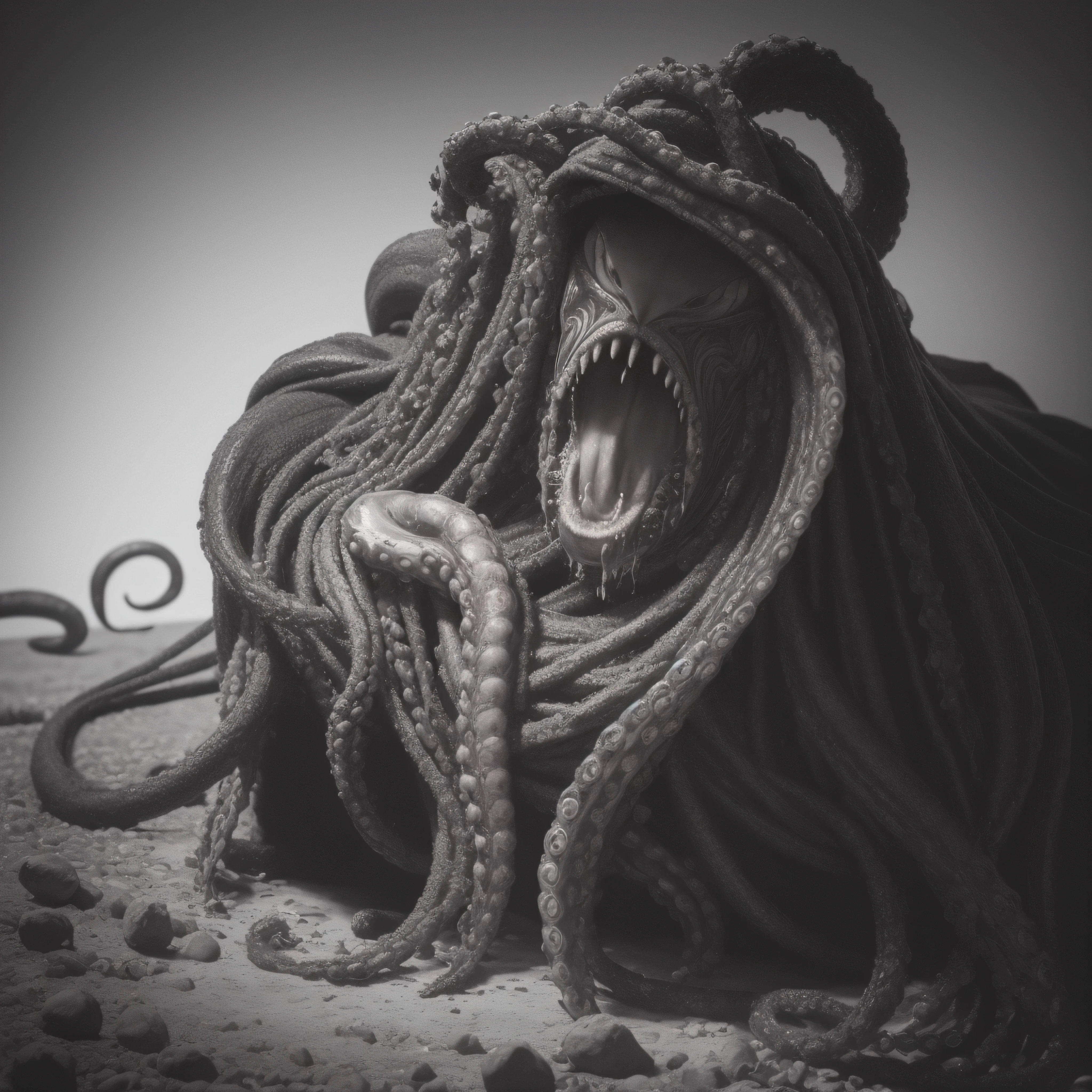 (extremadamente detallado, obra maestra, La mejor calidad), Estilo oscuro, intense illumination, rostro con arrugas, lengua larga, tentacle, deforme, monstruoso, interior de una piscina de agua verdosa, imagen submarina, alien con Colmillos finos, pico de pulpo amenazante. manchas de tinta. Rococo composition. Luz de caravaggio