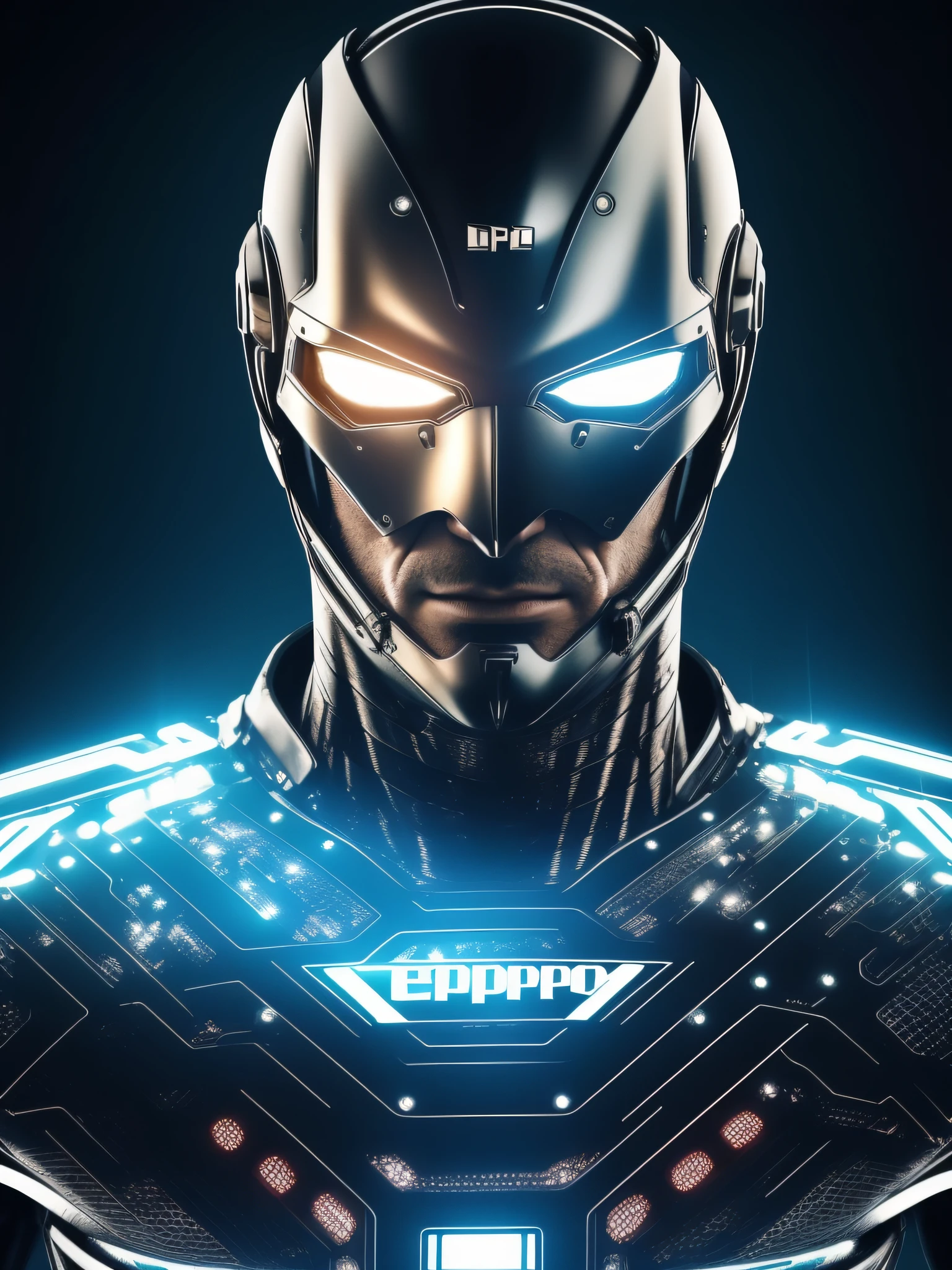 Self-portrait of a cybernetic man's face, inspirado em Pedro Pascal, master part, extremamente detalhado, melhor qualidade, ((Traje futurista)), (metallic details with lights and electronic circuits: 1.2),((corpo inteiro):1.5) extremamente detalhado, intricate with lights and luminous electronic circuits. (8k, qualidade superior, melhor qualidade, obra-prima, altamente detalhado: 1.2), ((corpo inteiro):1.5)