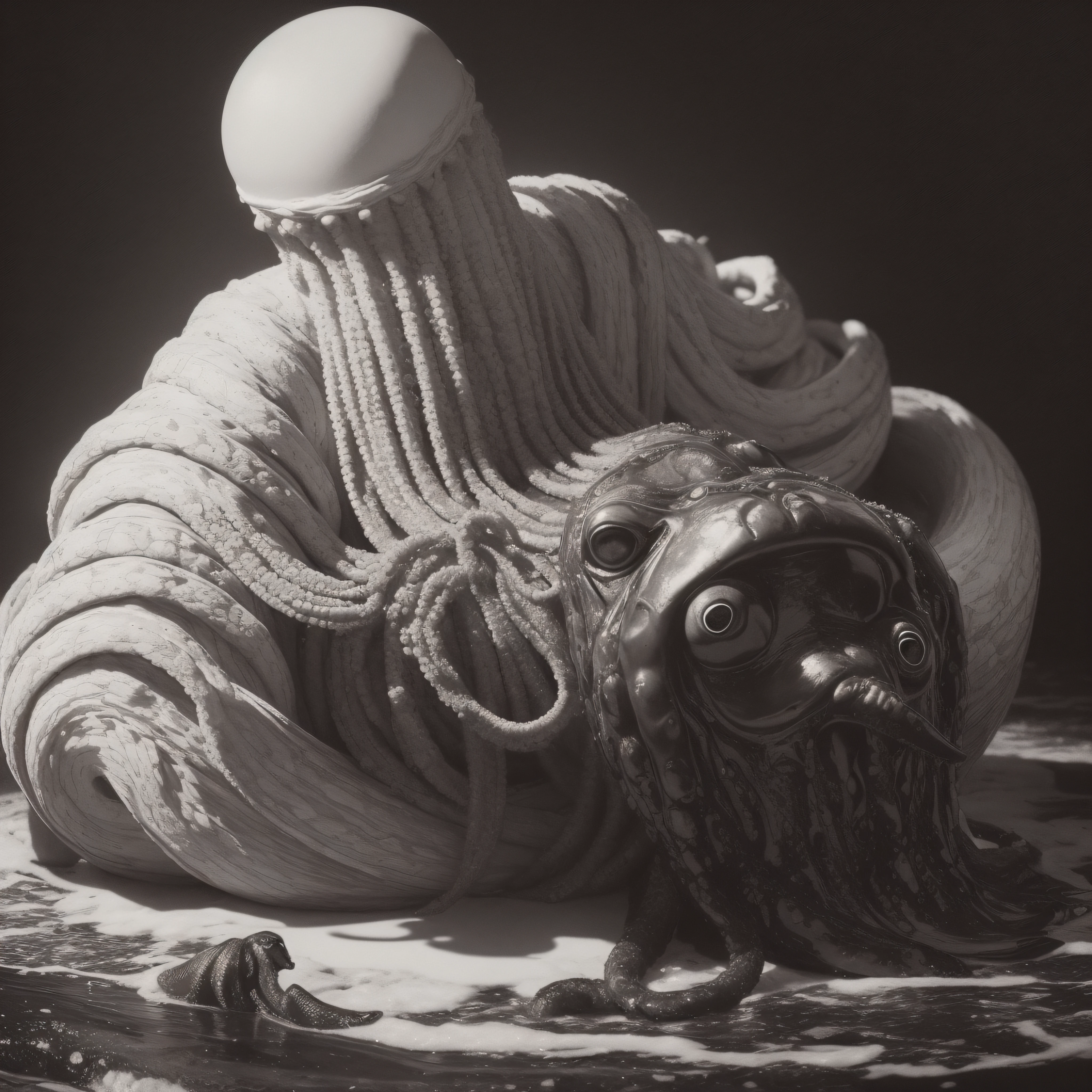 (extremadamente detallado, obra maestra, La mejor calidad), Estilo oscuro, intense illumination, rostro con arrugas, lengua larga, tentacle, deforme, monstruoso, interior de una piscina de agua verdosa, imagen submarina, alien con Colmillos finos, pico de pulpo amenazante. manchas de tinta. Rococo composition. Luz de caravaggio