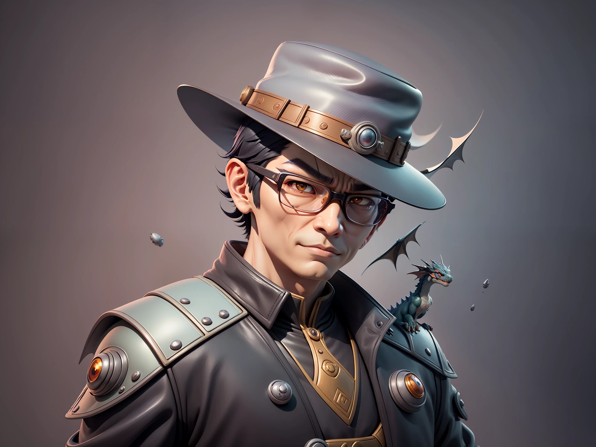 Young man with oriental face in leather hat, dragon, formal suit, short black hair, silver glasses, digital painting, 3D character design by Mark Clairedon and Pixar and Hayao Miyazaki and Akira Toriyama, the illustration is a high-definition illustration in 4K resolution with very detailed facial features and cartoon-style visuals.
