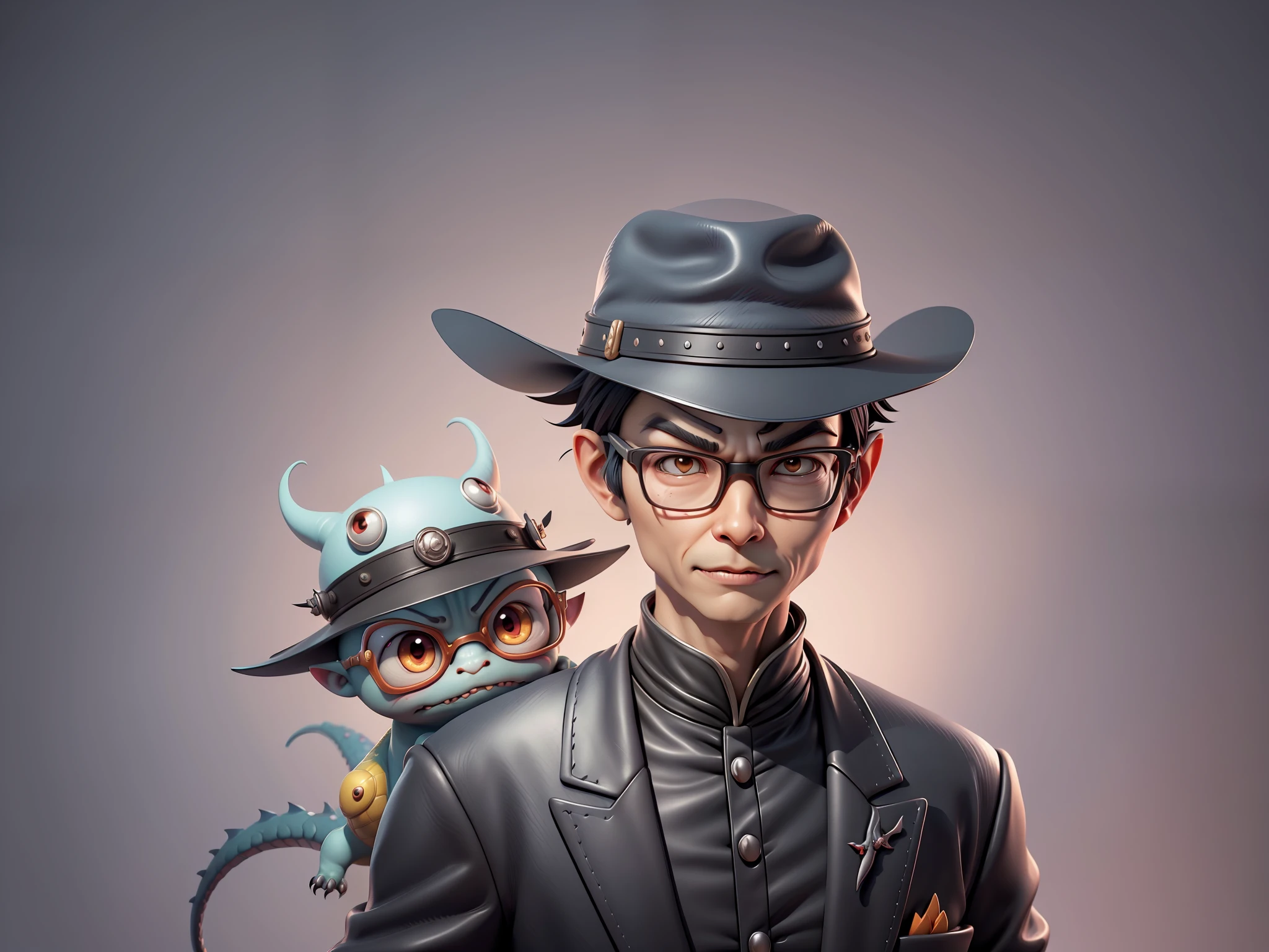 Young man with oriental face in leather hat, dragon, formal suit, short black hair, silver glasses, digital painting, 3D character design by Mark Clairedon and Pixar and Hayao Miyazaki and Akira Toriyama, the illustration is a high-definition illustration in 4K resolution with very detailed facial features and cartoon-style visuals.