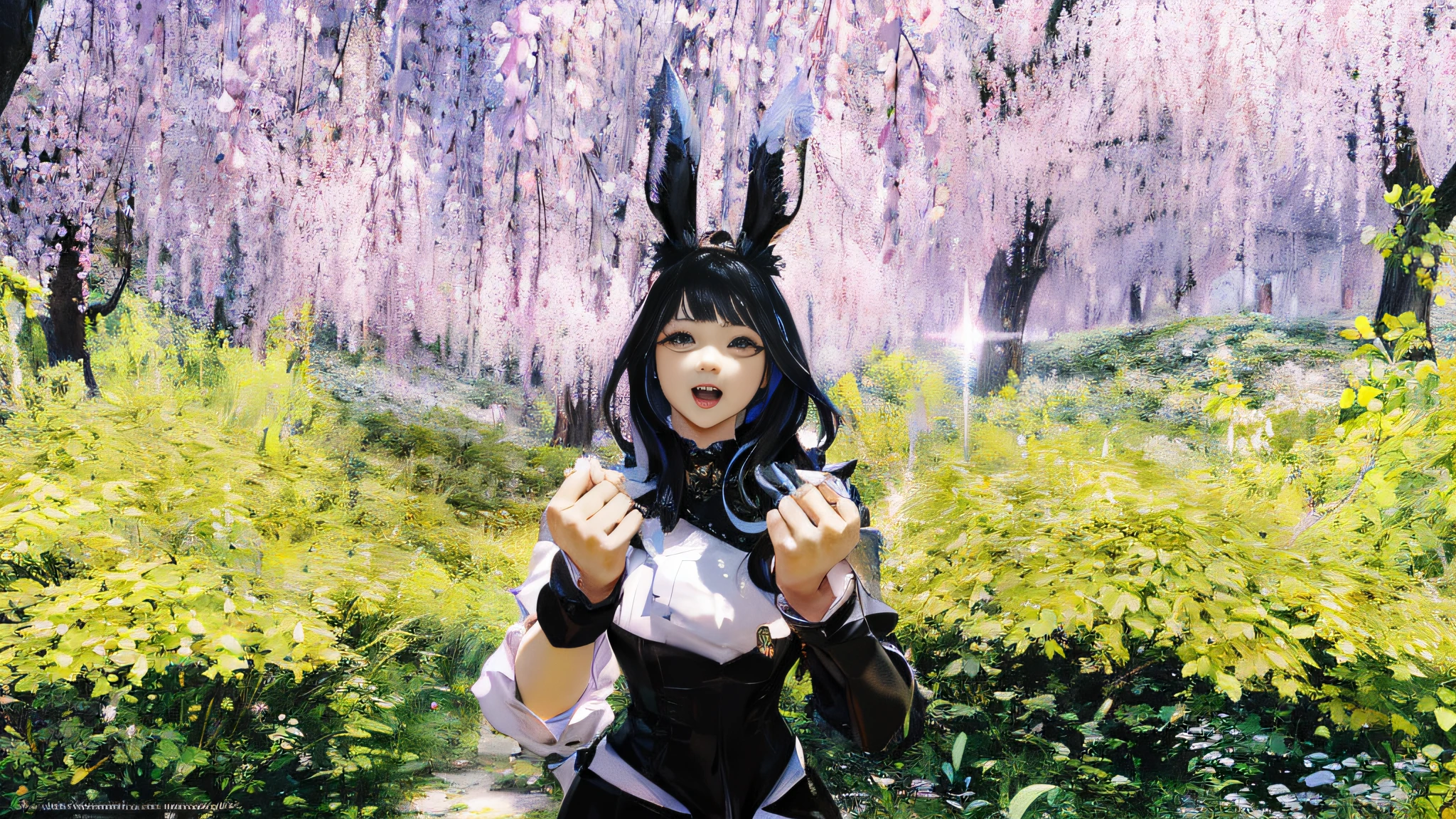 anime - style woman in bunny ears and a black dress with a white shirt, wearing cybernetic bunny ears, the non-binary deity of spring, with bunny ears, with big rabbit ears, long rabbit ears, pointy bunny ears, aion, bunny ears, spellcasting pose, inspired by Ren Renfa, with long floppy rabbit ears, exotic lily ears