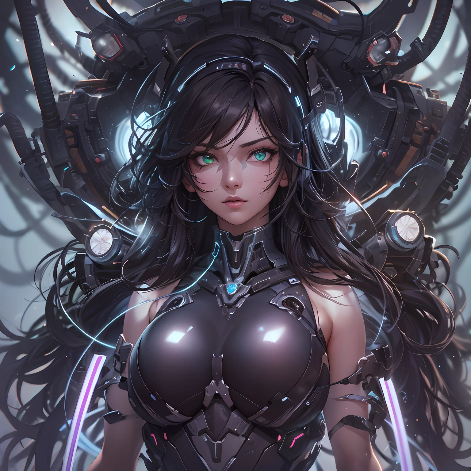(Highres), 4K, 8K, Detailed Illustration, (full body shot:1.4), Ultra-Detailed, Ambient Light, Backlighting, Realistic Shadows, Glowing Particles, Digital Art, Detailed Face, Detailed Hair, Hyper-Detailed Eyes, Soft Light, Soft Lighting, mature face, milf, huge hips, full body, full body portrait, highly detailed face, Mecha, cosmic body, aura, metallic Articulation, dark hair ,glowing veins, steaming_body, glowing aura, green eyes, dark room full of cables, dark studio