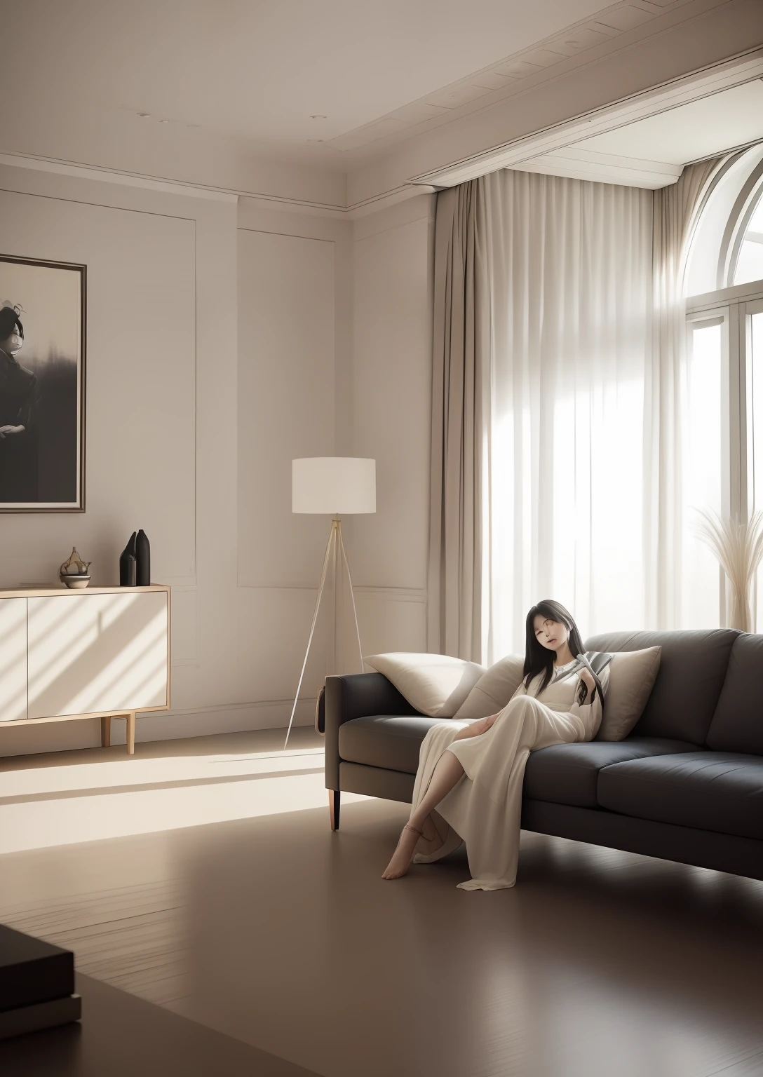 asian ( ultra high quality, ultra high quality face ) woman sitting on a couch in a living room with a large window, lounging on expensive sofa, (photorealistic: 1.4), home photography portrait, relaxing on a modern couch, with backdrop of natural light, natural light in room, in a living room, relaxing on a couch, sitting in french apartment, sitting in a lounge, korean artist, shot on sony a 7 iii