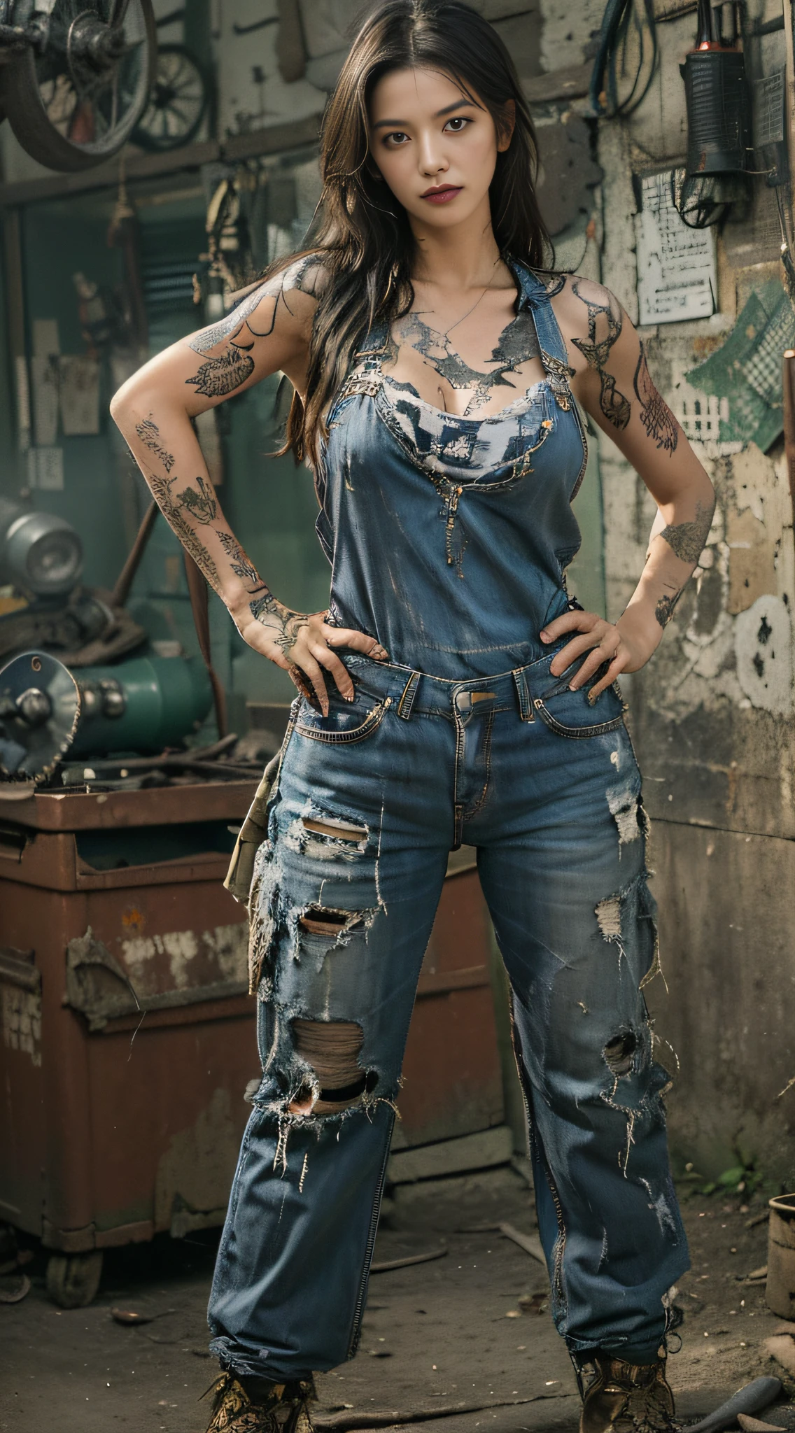 ((best quality)), ((masterpiece)), (detailed), mesmerizing and alluring female mechanic covered in grease,Confident smile，Look into the camera，(Dirty and rugged charm:1.2), (tough and confident demeanor:1.1), (mechanical expertise:1.3), disheveled hair, smudged face with a playful smirk, stained overalls clinging to her curves, (gritty tools of the trade:1.2), cluttered repair shop, scattered car parts, (authentic automotive ambiance:1.2), (intense gaze:1.1), gripping a wrench in her dirty hands, 8k resolution,looking at another, looking away,( tattoo:1.2), masterpiece, best quality,Photorealistic, ultra-high resolution, photographic light