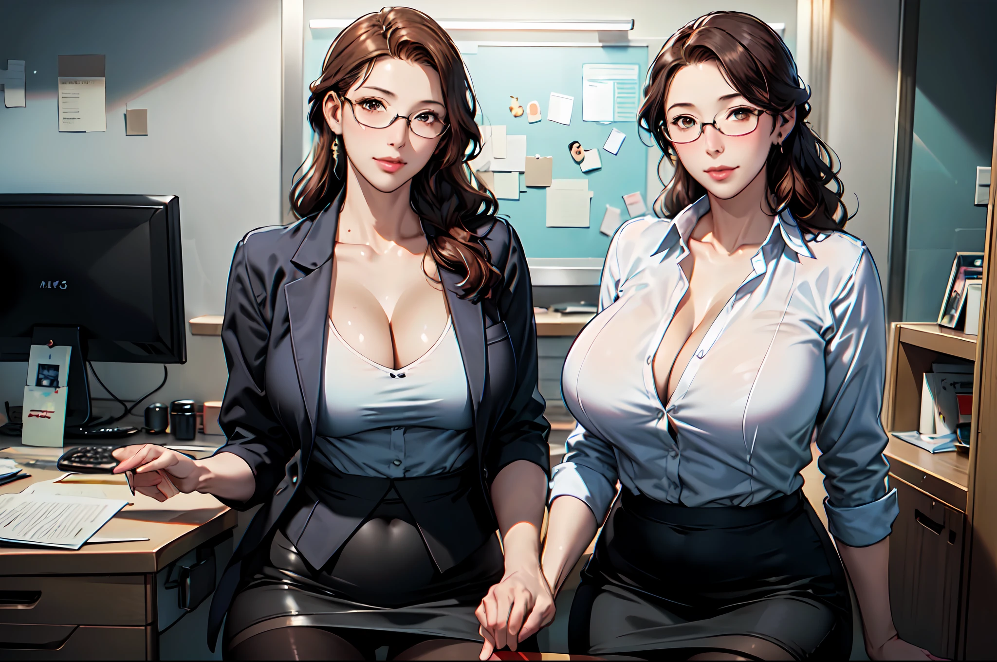 (high resolution,masterpiece,best quality,  official art:1.5),  realistic, photo,  amazing fine details,  all intricate, gloss and shiny,awesome many layers, 8k wall paper,  3d, sketch, illustration, (cleavage), female business-person, glasses, slight smile, 40 years old, brown hair, large breast, toned female, sitting, Seducing Pose, at office, business suit, pantyhose, 30 denier, tight mini straight skirt,  extremely shiny fabric, clothes reflecting light, extremely shiny clothes, extremely wrinkled fabric,