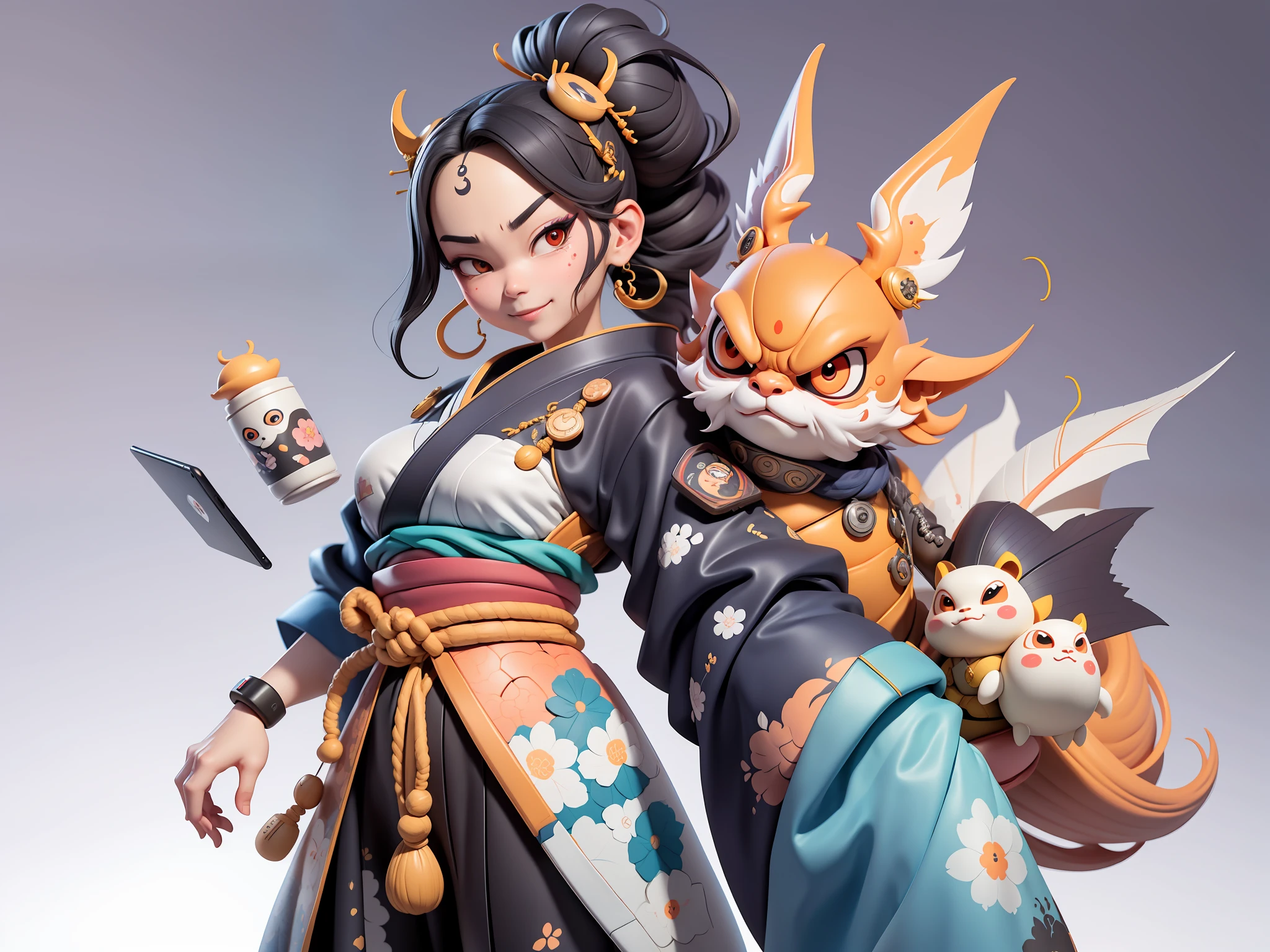 (Daisaku),(Need),(Super meticulous),(full bodyesbian:1.2),Japanese ukiyo-e girl,japanese geisha,Beautiful,Oriental dragon,Aeolian Thor,Raised sexy,爆乳,Oriental face,TV Anchor,Bust portrait illustration,Alone,In black suit,a blue tie,The face is slightly chubby,The face was clean,without a beard,Black super short hair,Black eyes,Smile confidently,3C computer sub-products,iPad, iphone,Digital painting,3D character design by Mark Clairen and Pixar and Hayao Miyazaki and Akira Toriyama,The illustration is a high-definition illustration in 4K resolution,With very detailed facial features and cartoon-style visuals。