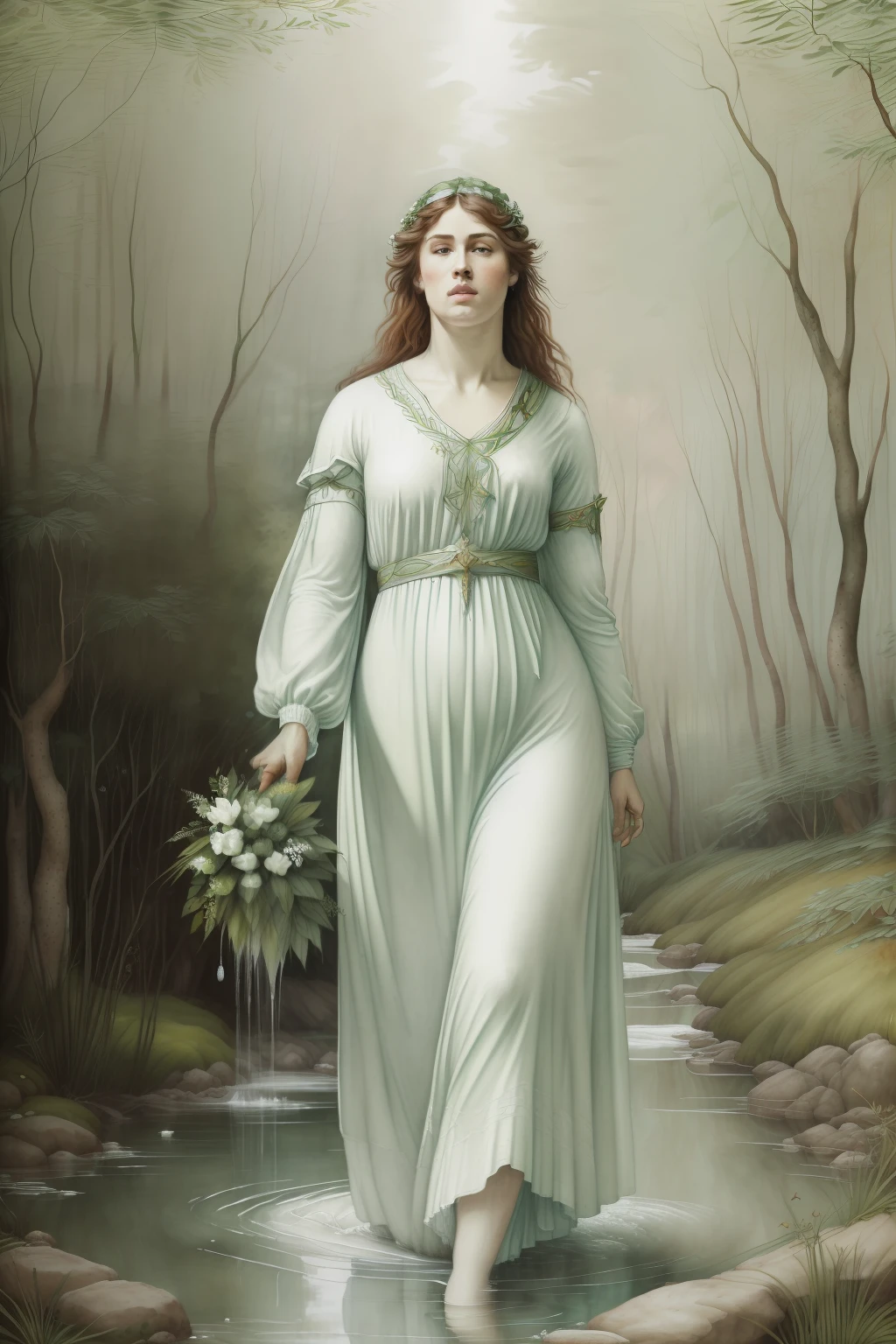 fonte de cura, floresta encantada, juncos. ervas de cura. (((Pre-Raphaelite painting de um druida celta de branco colhendo ervas na beira de uma fonte de cura, medic, ervas de cura, white and green tunic, curandeiro, rosto delicado)))
