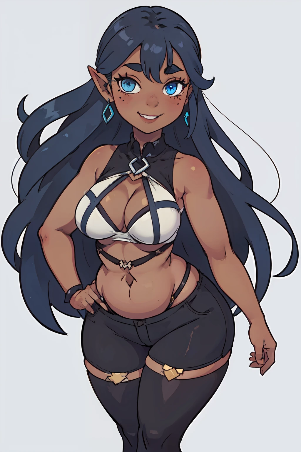 1girl, ((solo)), (dark skinned:1.8), goblin girl, blue_hair, very long hair, wide body, (small stature:1.6), (huge breast:1.6), hair between eyes, wide hips, blue eyes, mole, mole on chest, age up, lips, big lips, big noise, thick eyebrows, (chubby:1.7), smile, freckles, (Gothic clothing: 2.5), bedroom background, (armpits:1.5, (sexy: 1.5), gothic