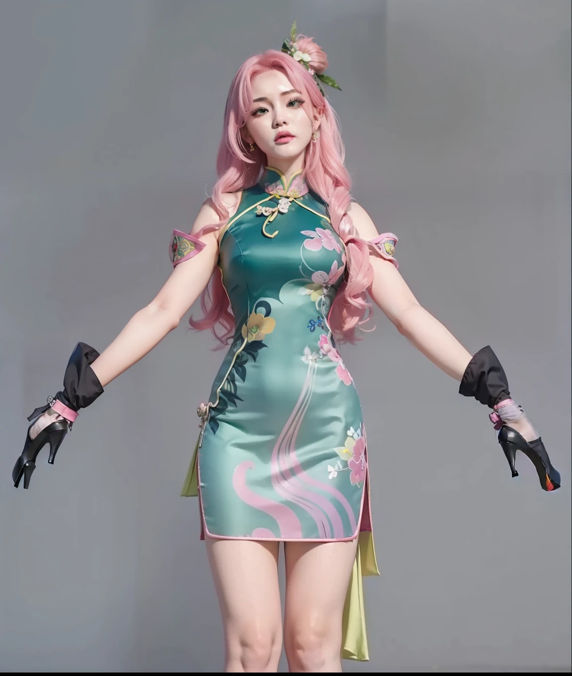 "Perfect,4K,Live cos,A pink-haired,mitts,climaxing,shuang,is inserted,Green cheongsam,green high heels,"